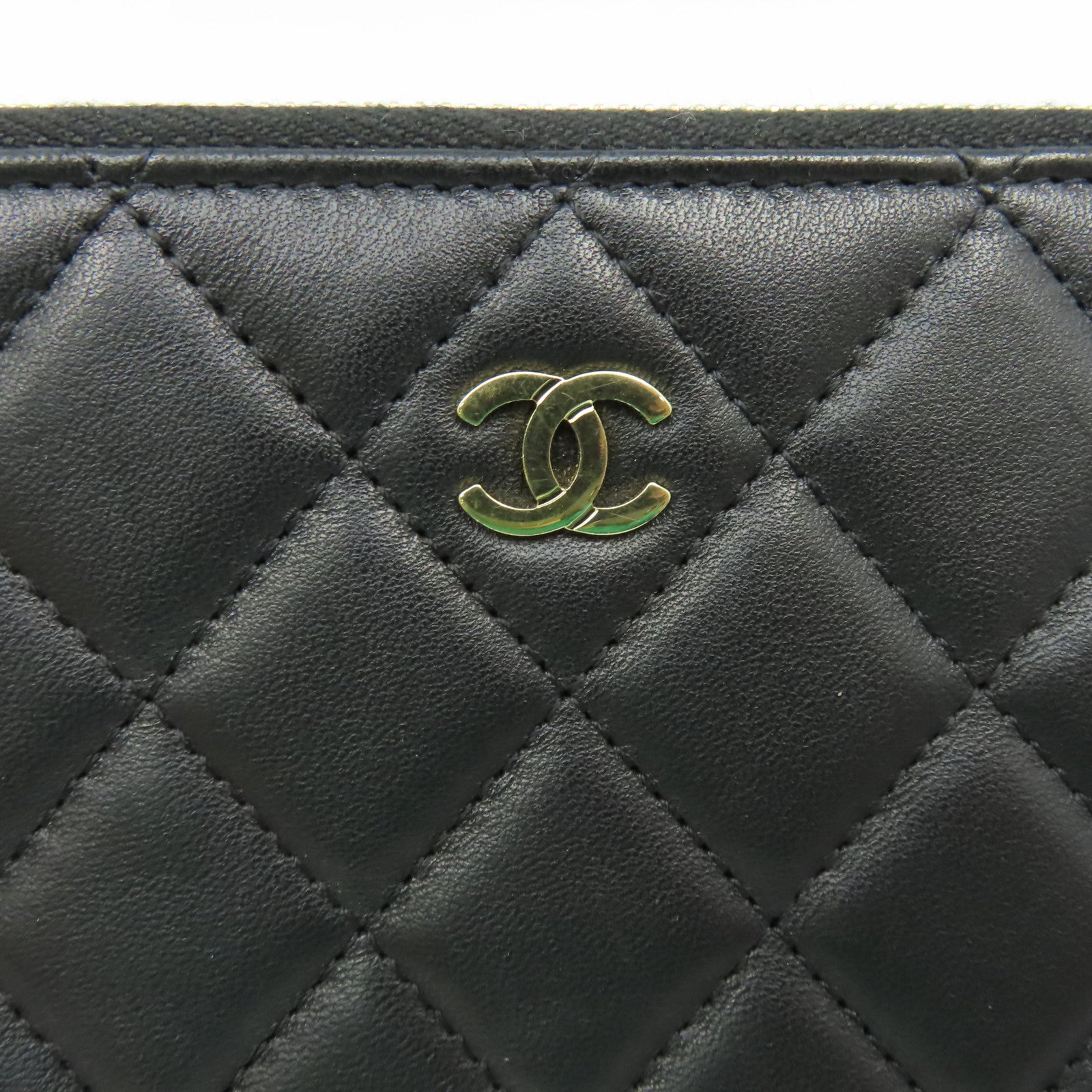 CHANEL 菱格羊皮批皮革Pouch Wallet金扣長錢包黑色