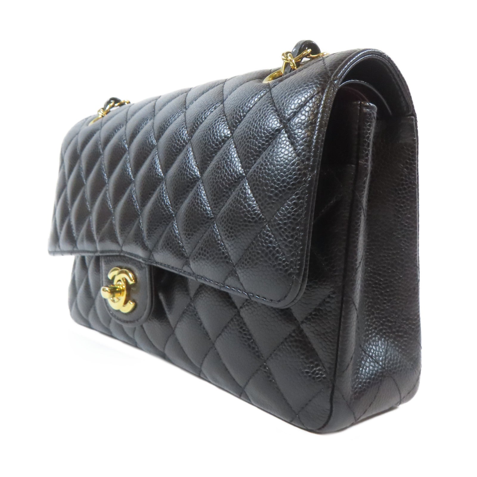 CHANEL 【激減優惠】菱格Caviar皮革Classic 25cm金扣鏈帶肩背袋黑色