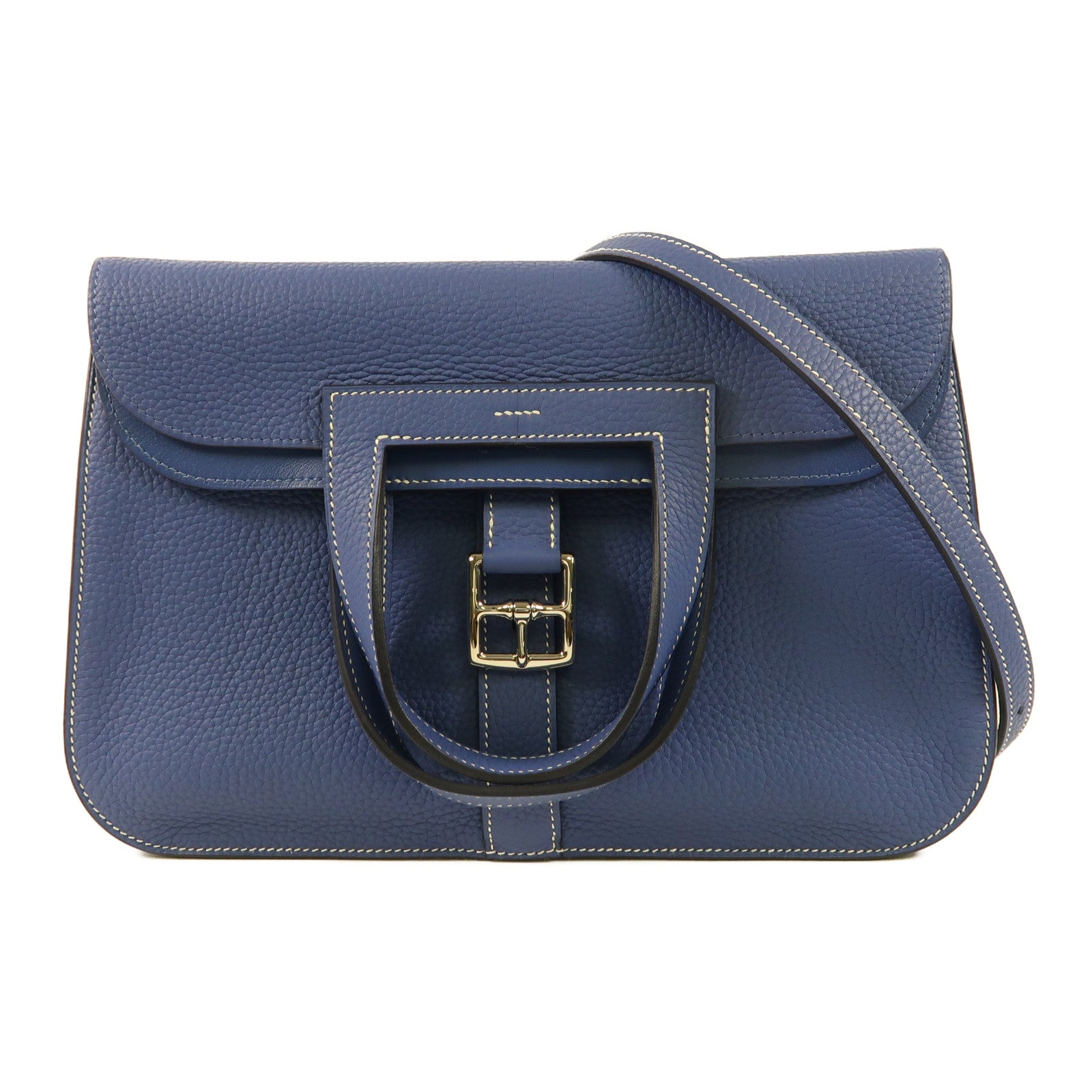 HERMES PHW Halzan 31 2 Way Shoulder Handbag Clemence Leather Bleu Brighton