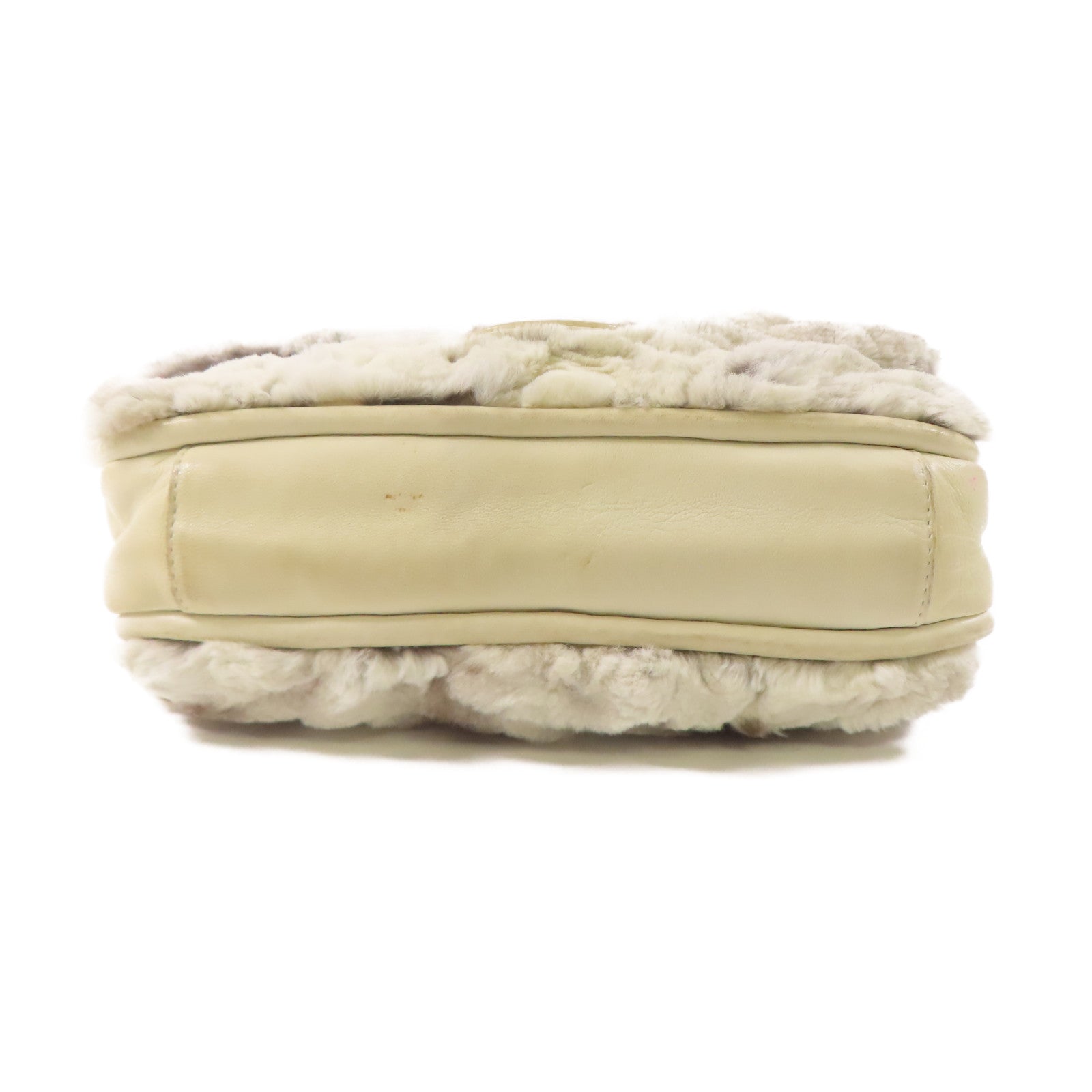 CHANEL 兔毛Chain Shoulder Bag銀扣鏈帶肩背袋白色/灰色