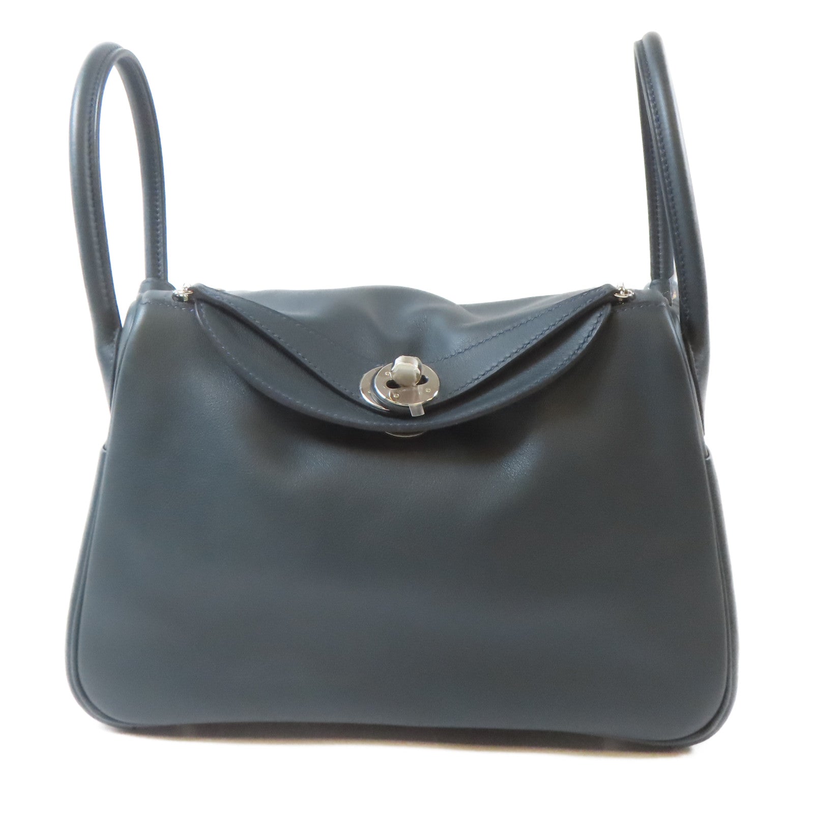 HERMES Swift皮革Lindy 26銀扣肩背袋Bleu Indigo/深綠色