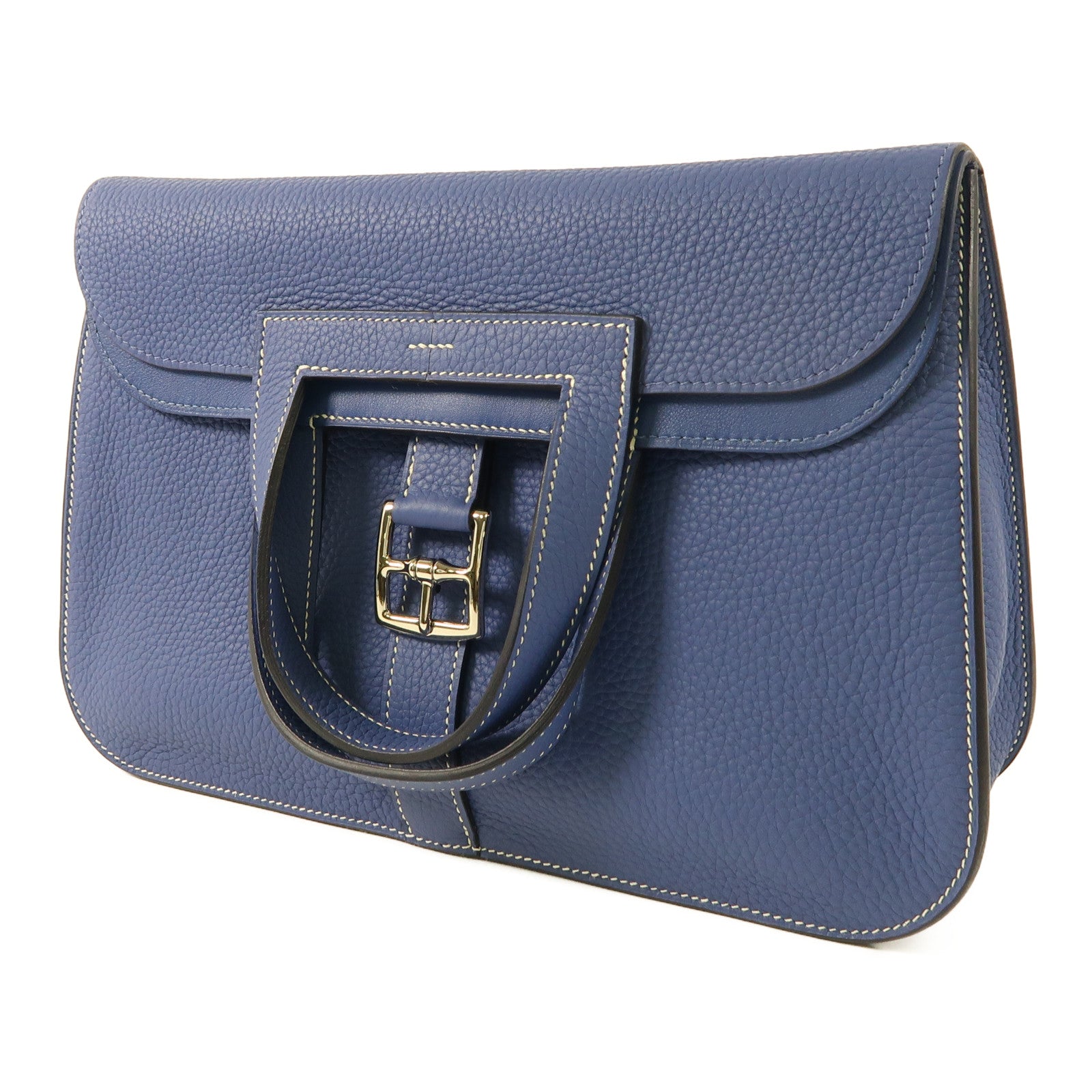 HERMES PHW Halzan 31 2 Way Shoulder Handbag Clemence Leather Bleu Brighton