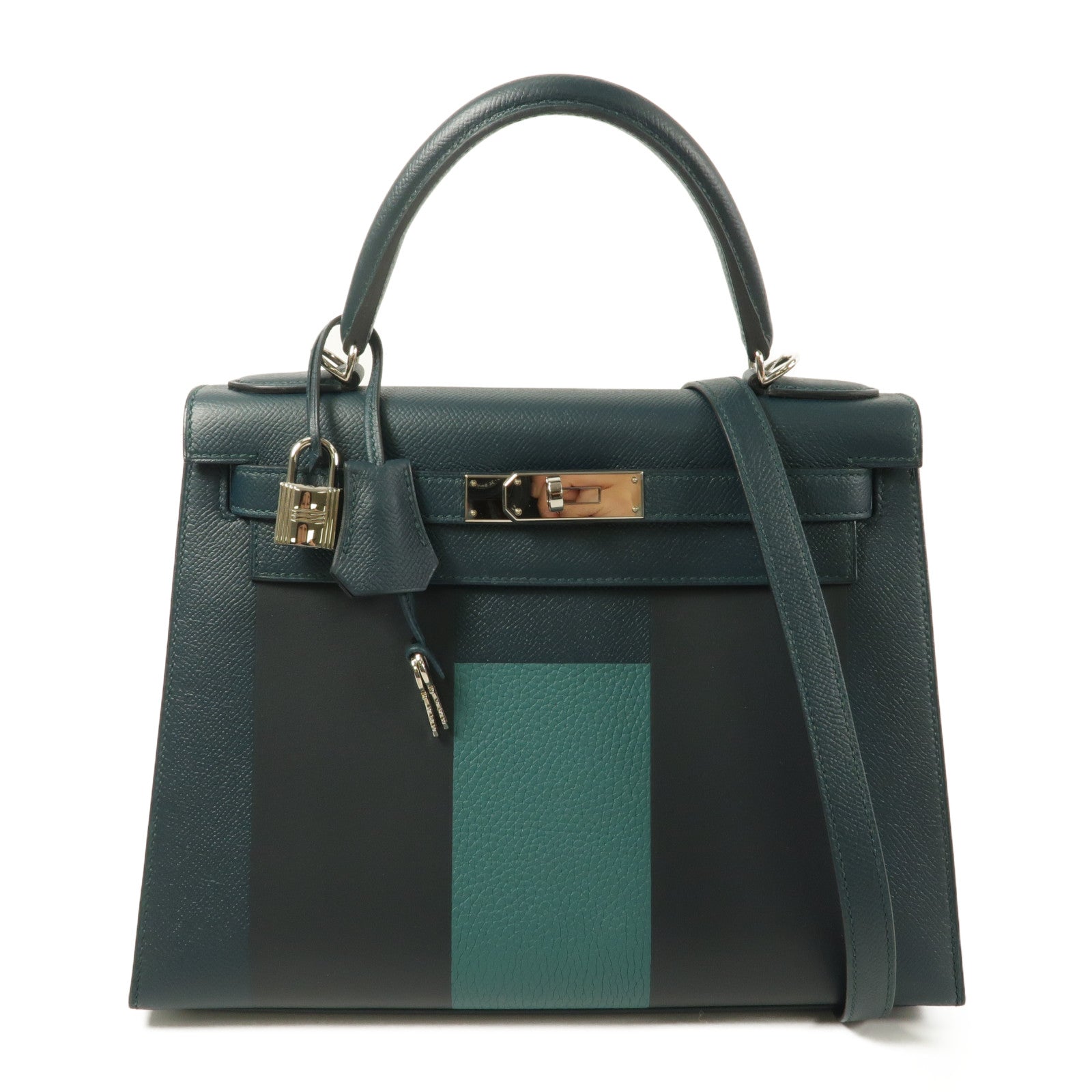 HERMES Epsom皮革/Clemence皮革Kelly 28手挽肩背兩用袋Vert Cypres/Bleu Obscur/Malachite