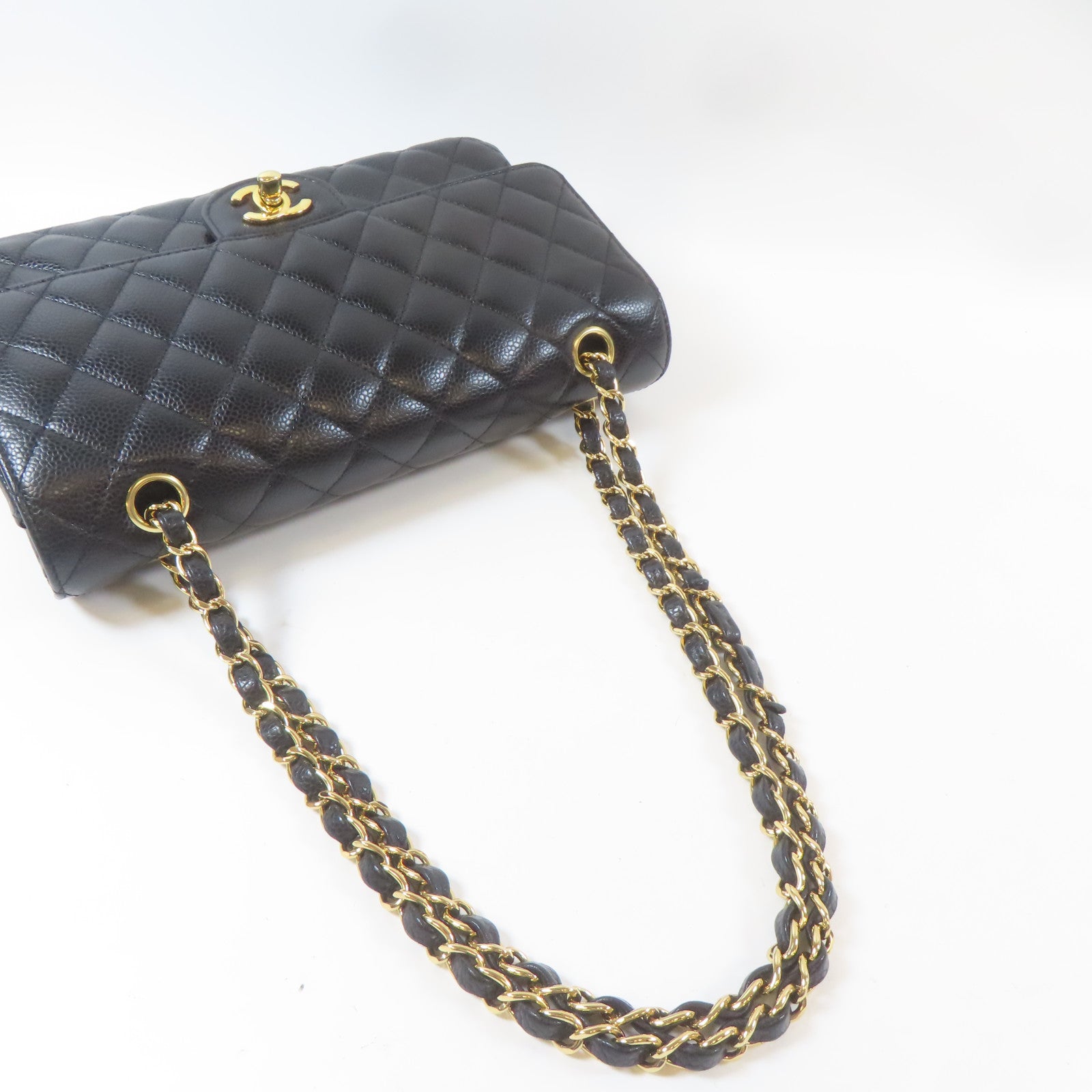 CHANEL 【激減優惠】菱格Caviar皮革Classic 25cm金扣鏈帶肩背袋黑色