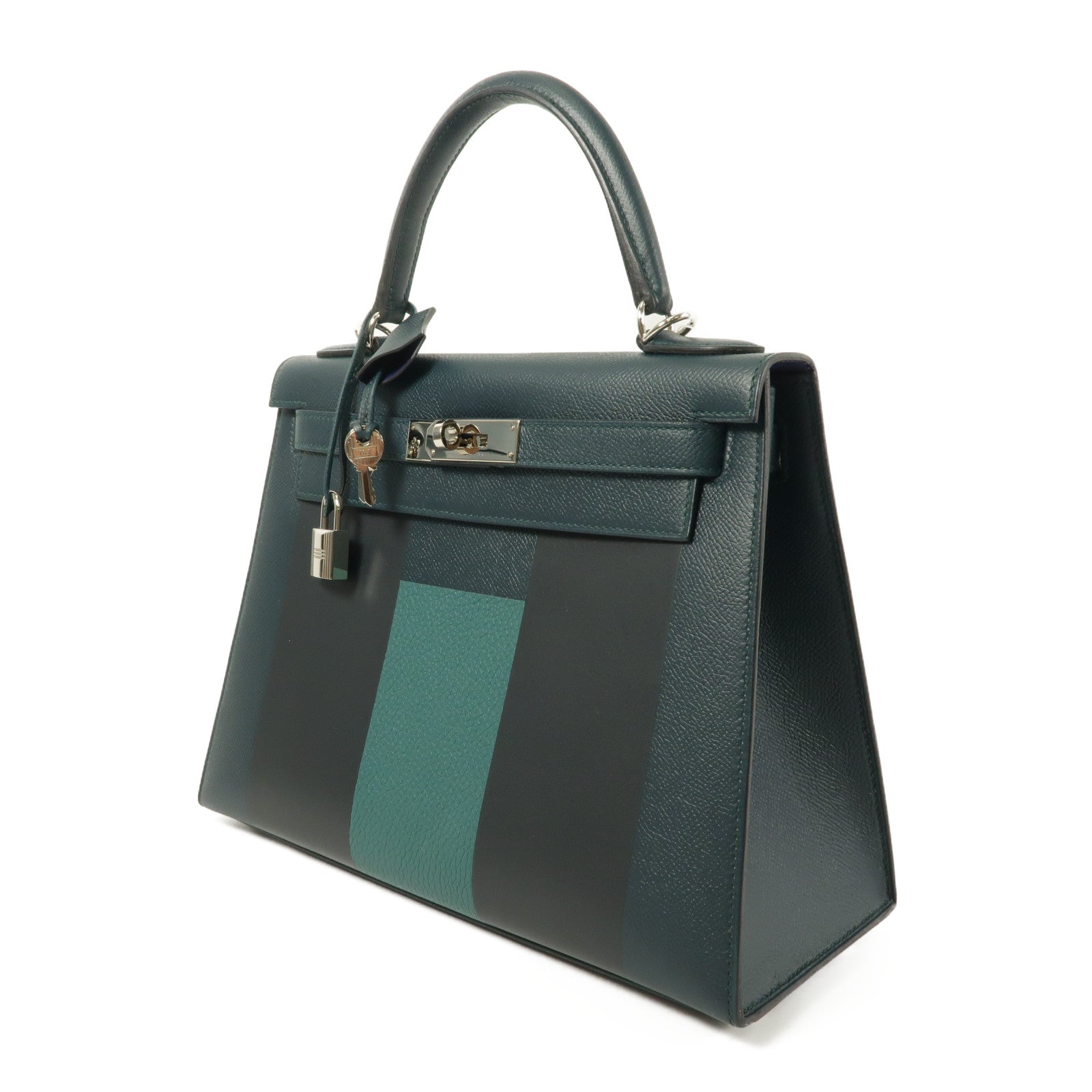 HERMES Epsom皮革/Clemence皮革Kelly 28手挽肩背兩用袋Vert Cypres/Bleu Obscur/Malachite