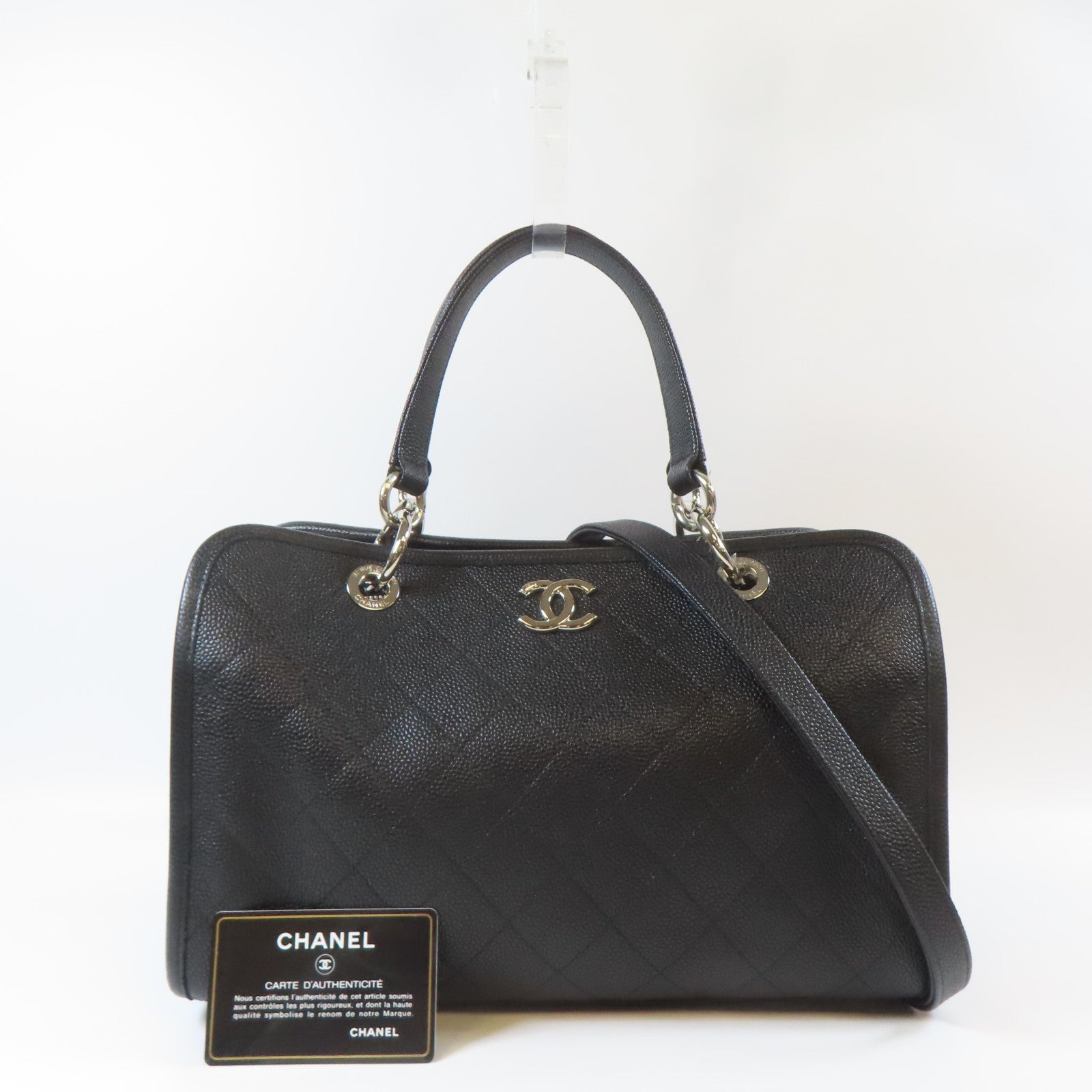 CHANEL 菱格Caviar皮革2 Way Chain Shoulder Bag銀扣手挽肩背兩用袋黑色