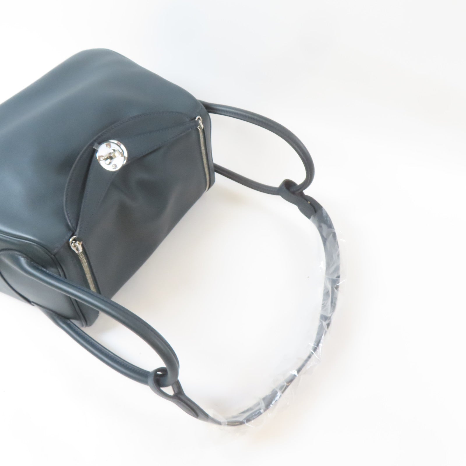 HERMES Swift皮革Lindy 26銀扣肩背袋Bleu Indigo/深綠色