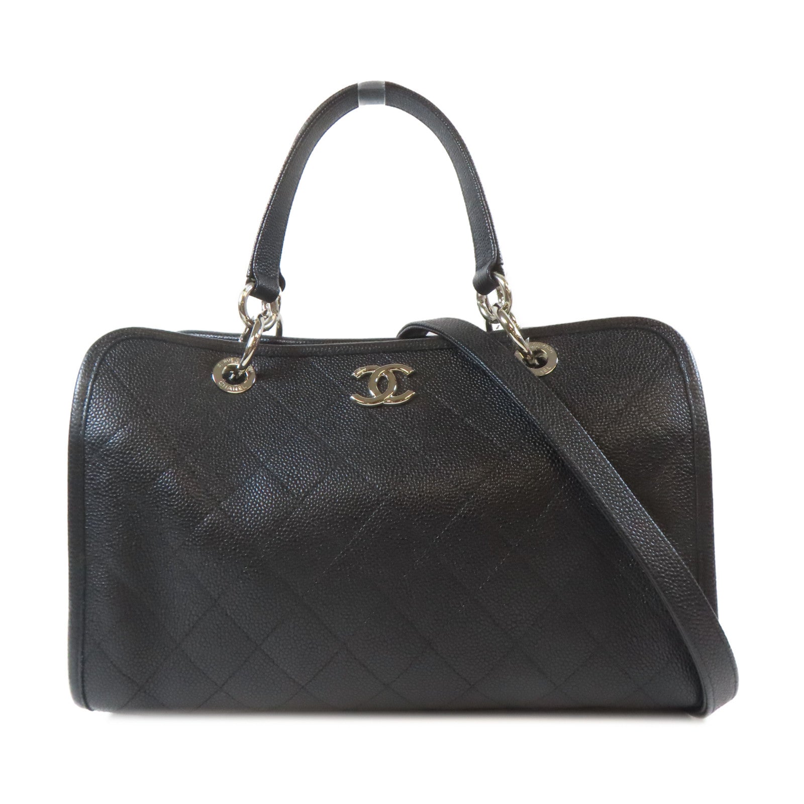 CHANEL 菱格Caviar皮革2 Way Chain Shoulder Bag銀扣手挽肩背兩用袋黑色