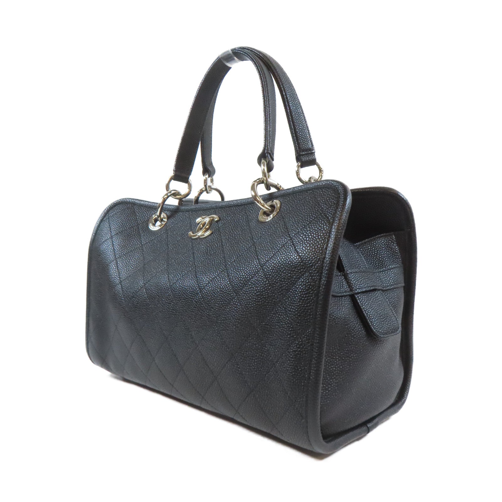 CHANEL 菱格Caviar皮革2 Way Chain Shoulder Bag銀扣手挽肩背兩用袋黑色