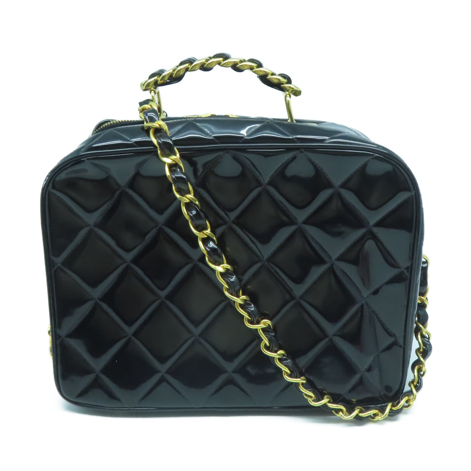 CHANEL 【激減優惠】菱格漆皮皮革Vintage Chain Shoulder金扣手挽肩背兩用袋黑色