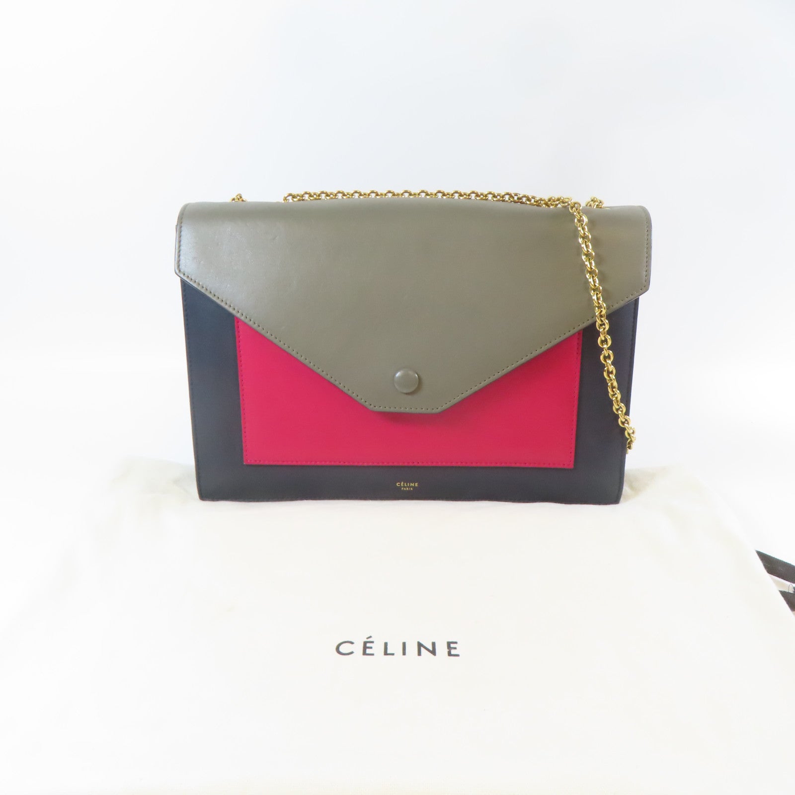 CELINE 【激減優惠】牛皮皮革Envelope金扣鏈帶肩背袋綠色/黑色/紅色