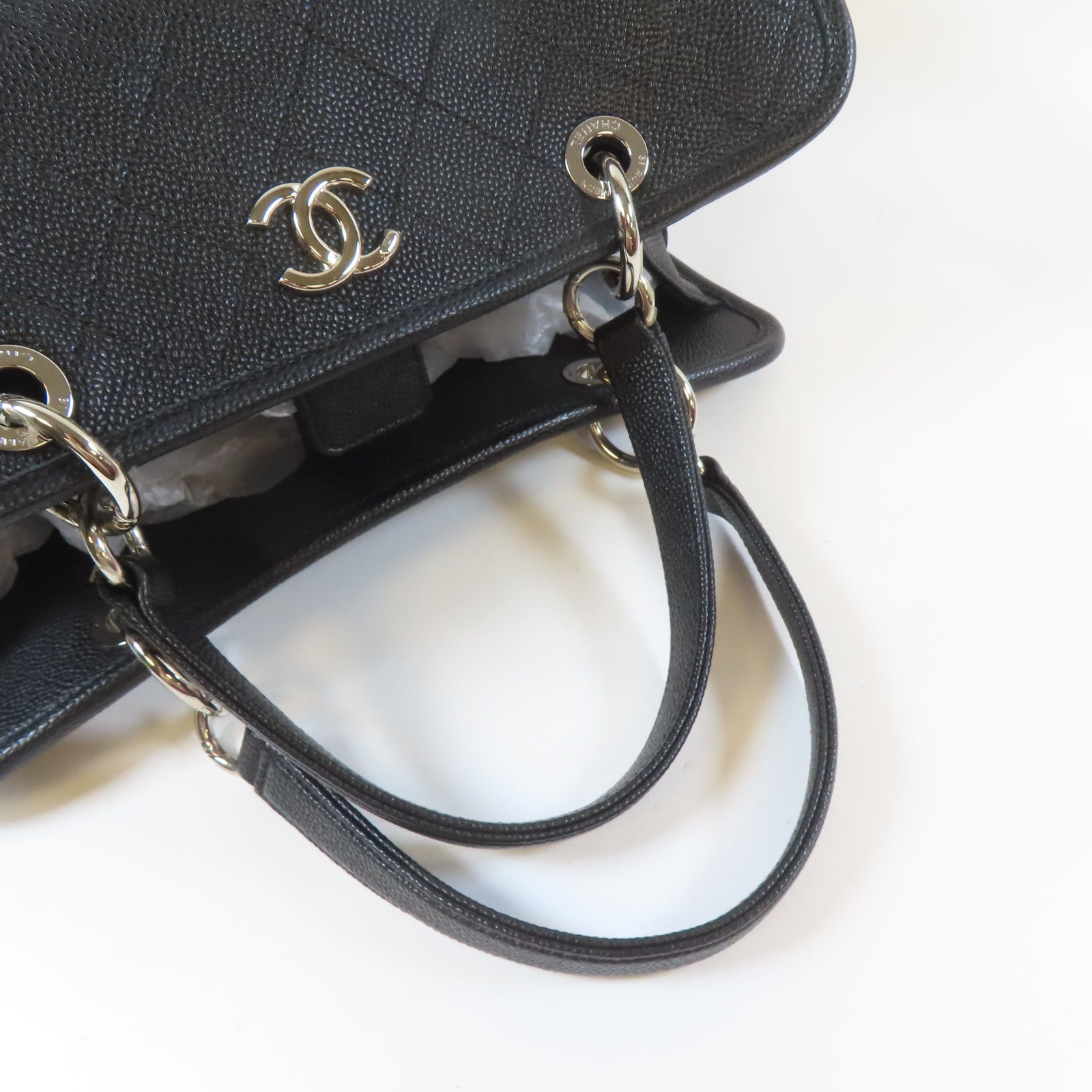 CHANEL 菱格Caviar皮革2 Way Chain Shoulder Bag銀扣手挽肩背兩用袋黑色