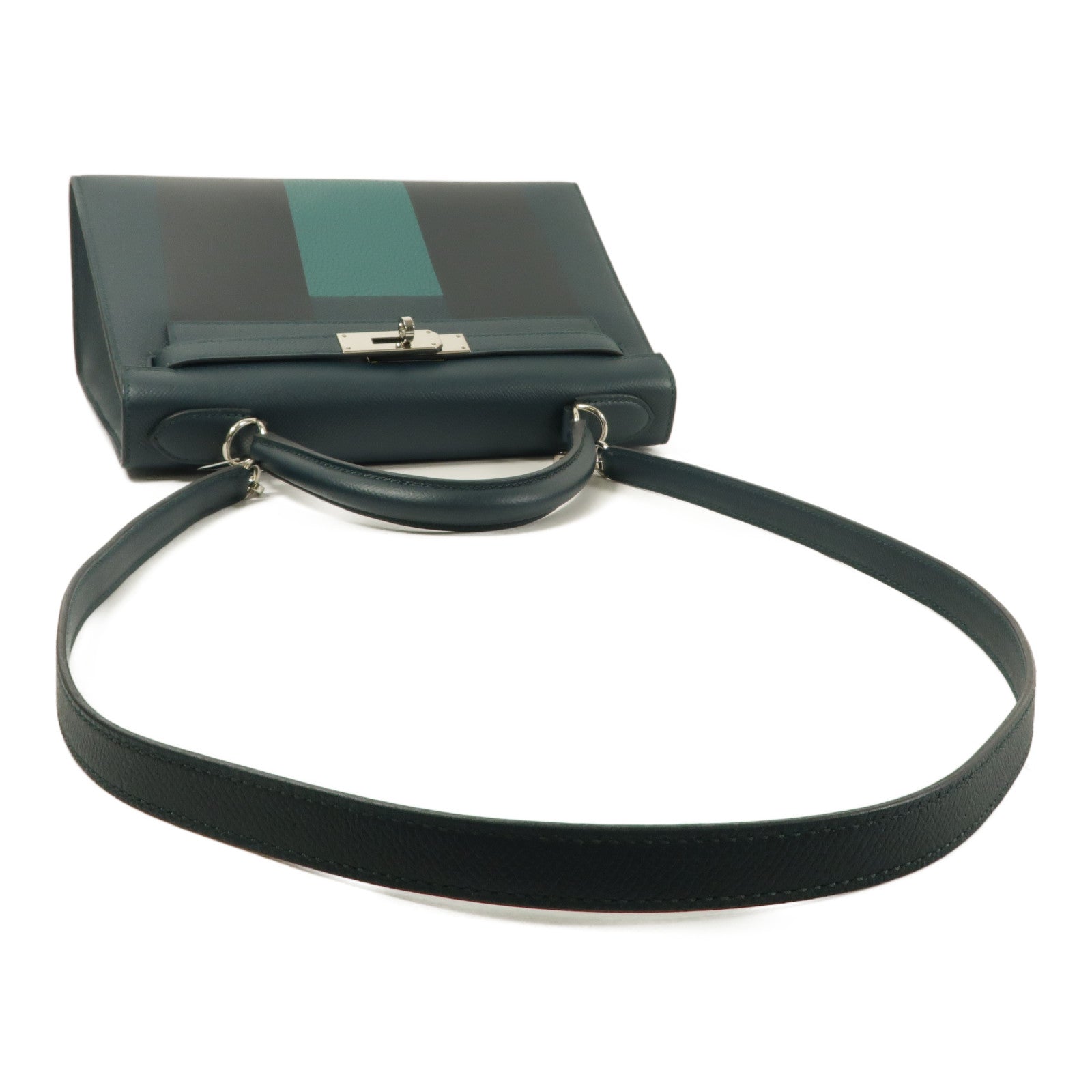 HERMES Epsom皮革/Clemence皮革Kelly 28手挽肩背兩用袋Vert Cypres/Bleu Obscur/Malachite
