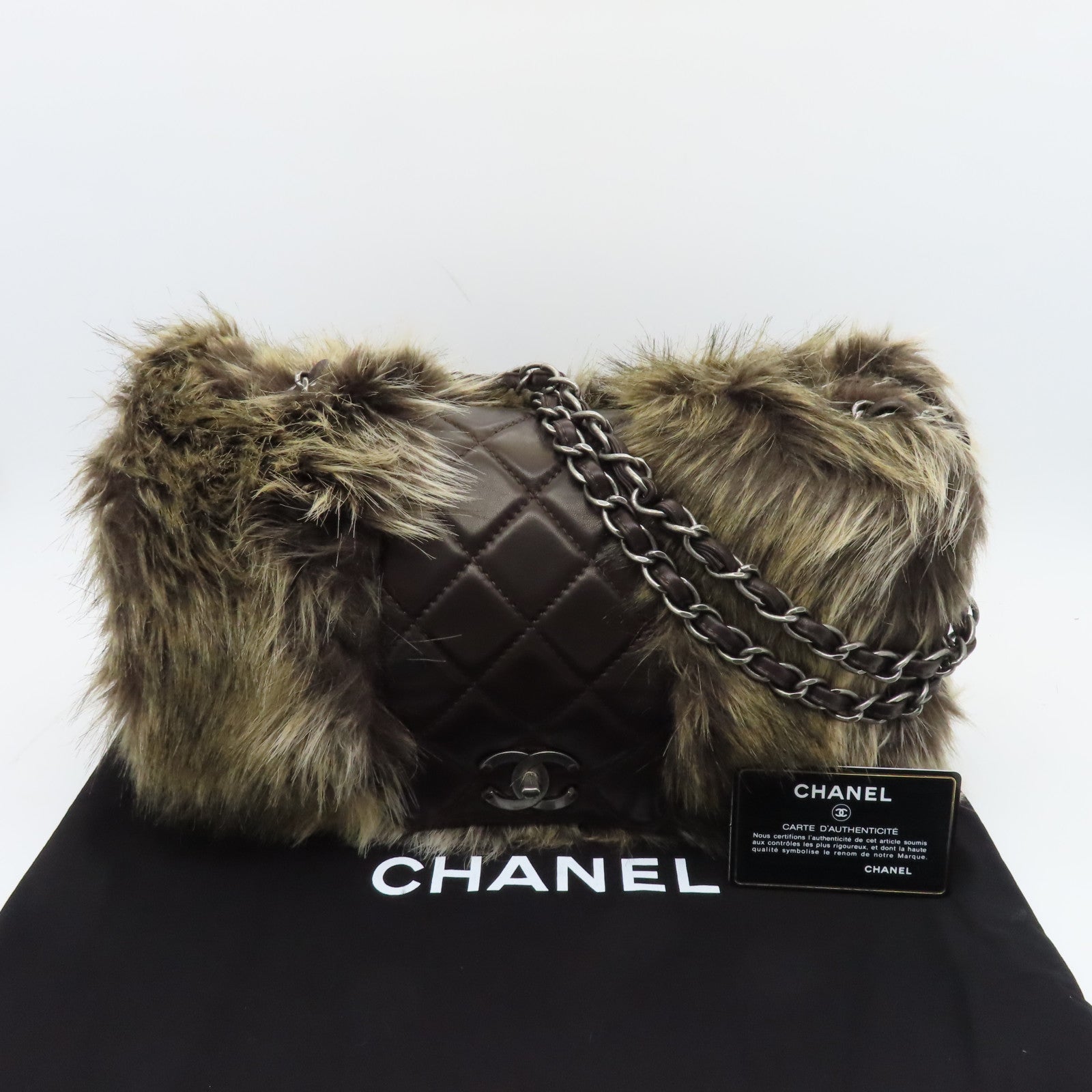 CHANEL 【清倉大減價】菱格毛茸/牛皮皮革Chain Shoulder Bag銀扣鏈帶肩背袋啡色