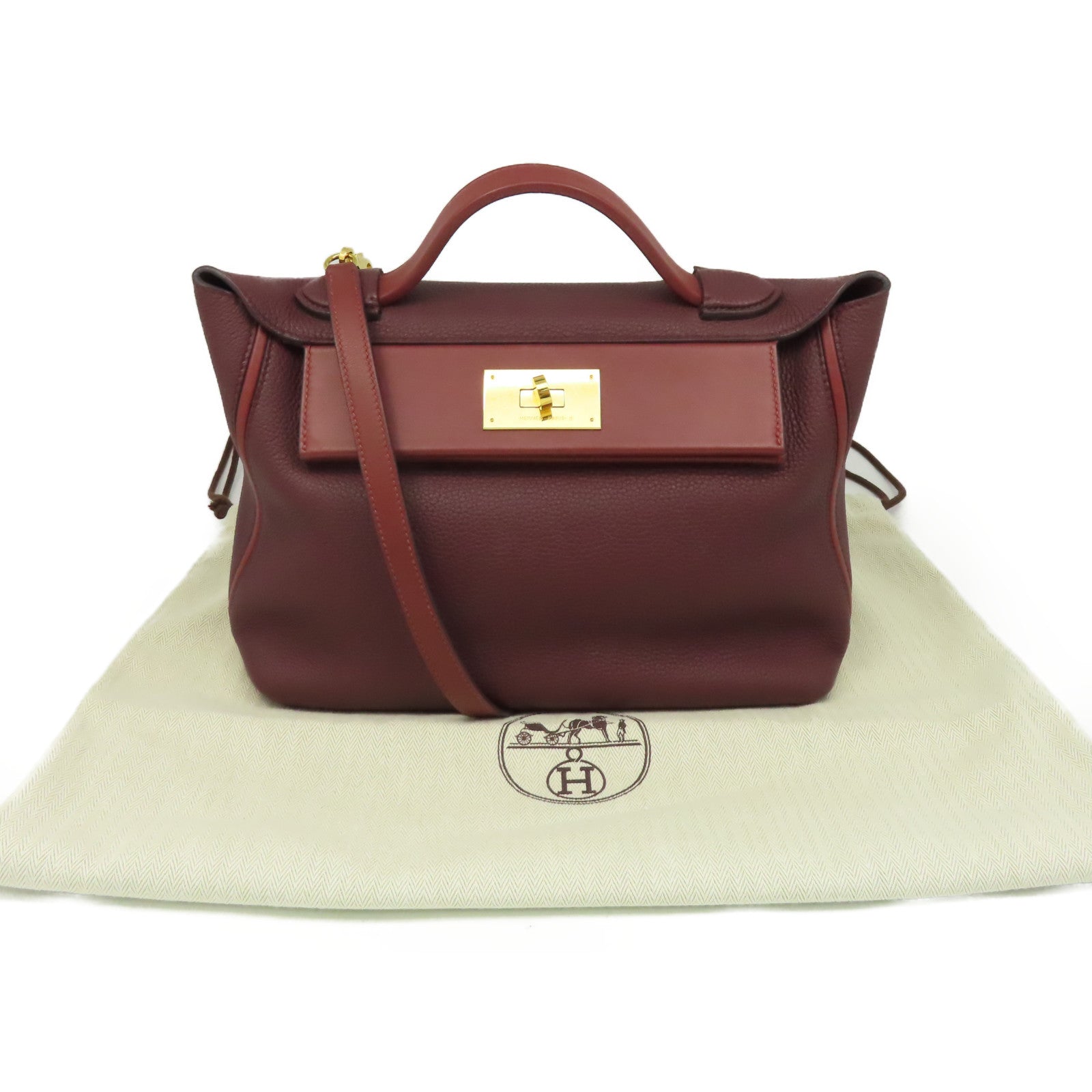 HERMES 【激減優惠】Clemence皮革24/24 29cm 2Way Shoulder Bag金扣手挽肩背兩用袋Bordeaux波爾多酒紅色