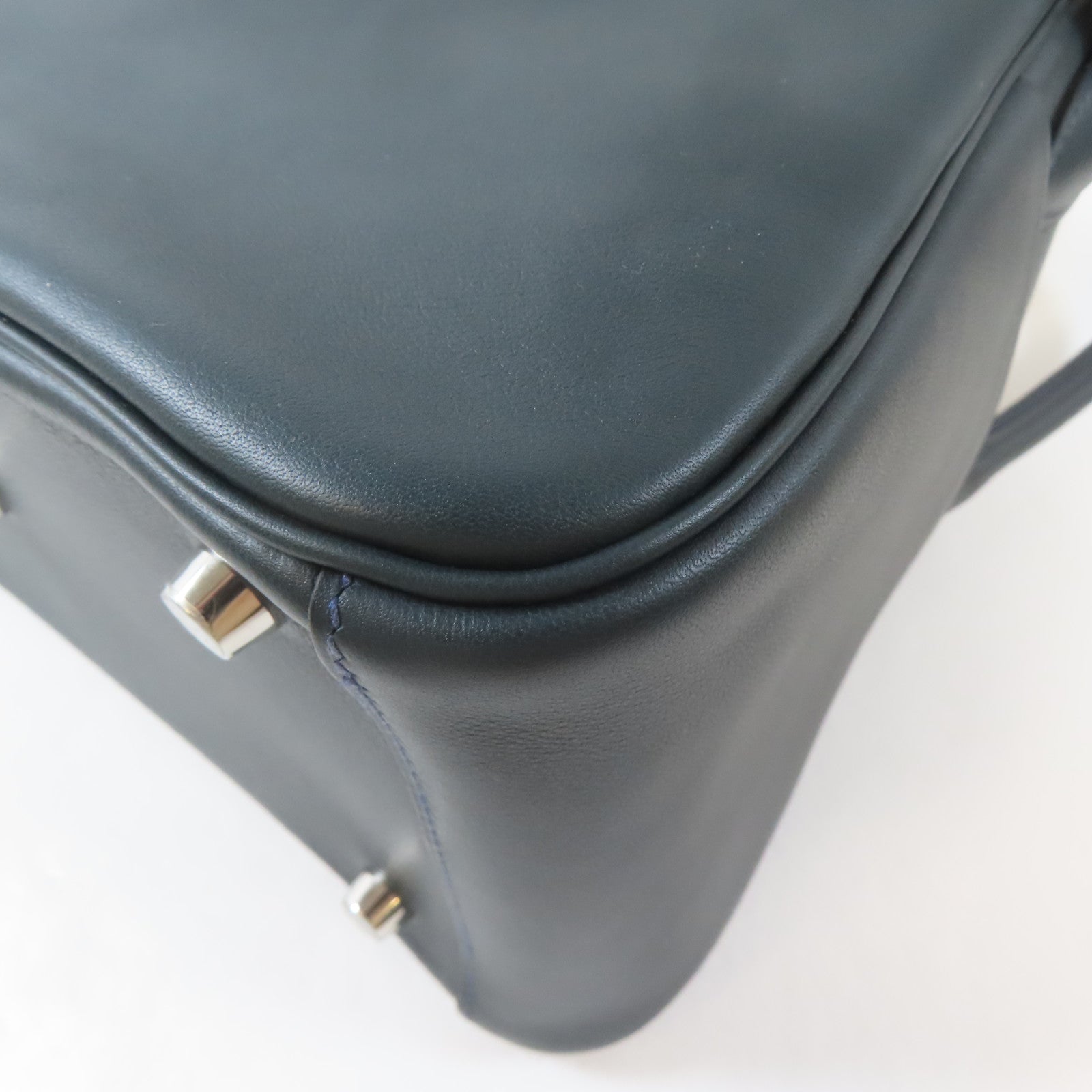 HERMES Swift皮革Lindy 26銀扣肩背袋Bleu Indigo/深綠色