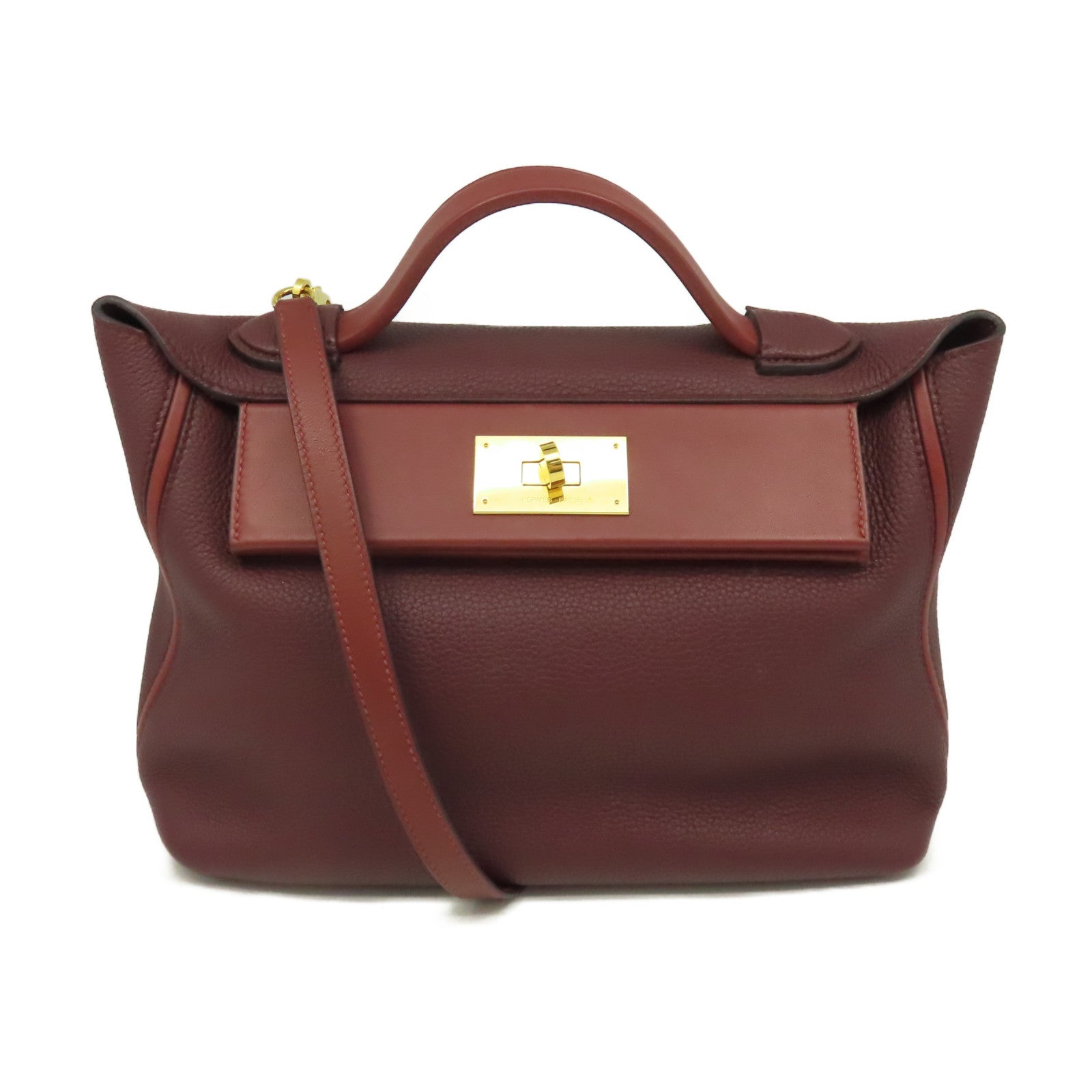 HERMES 【激減優惠】Clemence皮革24/24 29cm 2Way Shoulder Bag金扣手挽肩背兩用袋Bordeaux波爾多酒紅色