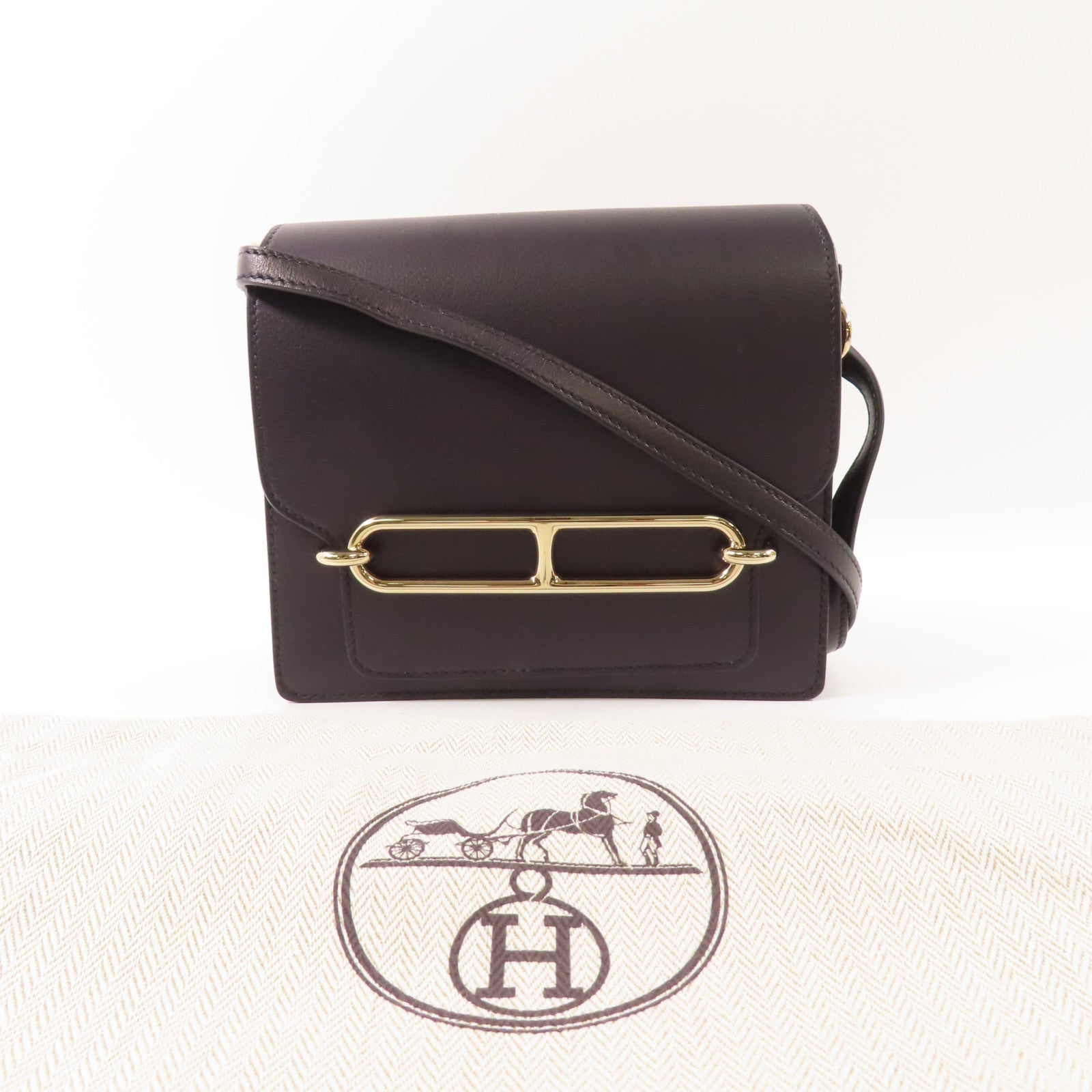 HERMES (PRICE DOWN) GHW Mini Roulis 2 Way Shoulder Bag Evercolor Leather 76 Bleu Indigo