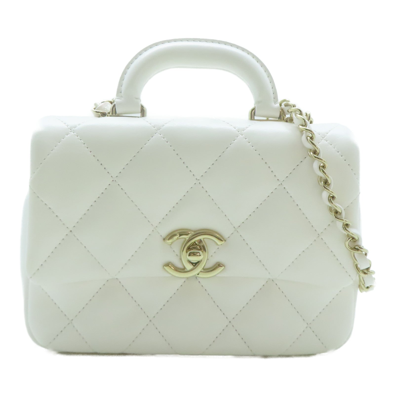 CHANEL 【激減優惠】菱格羊皮皮革Top Handle Mini Flap金扣鏈帶手挽肩背兩用袋白色