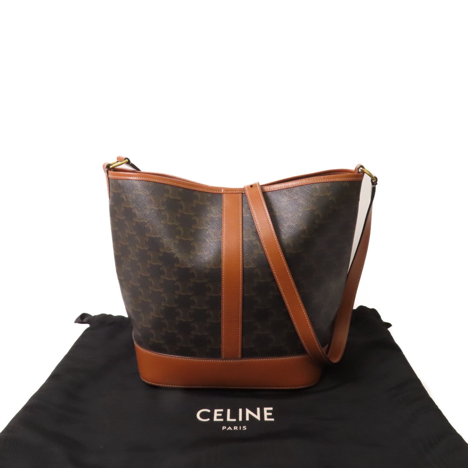 CELINE 塗層帆布Triomphe Bucket金扣肩背袋啡色