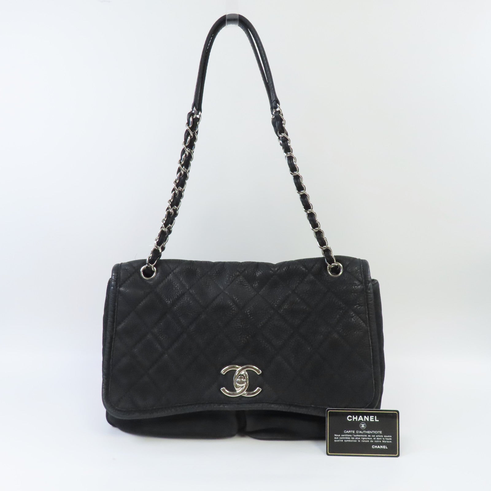 CHANEL 菱格牛皮皮革Chain Shoulder銀扣鏈帶肩背袋黑色