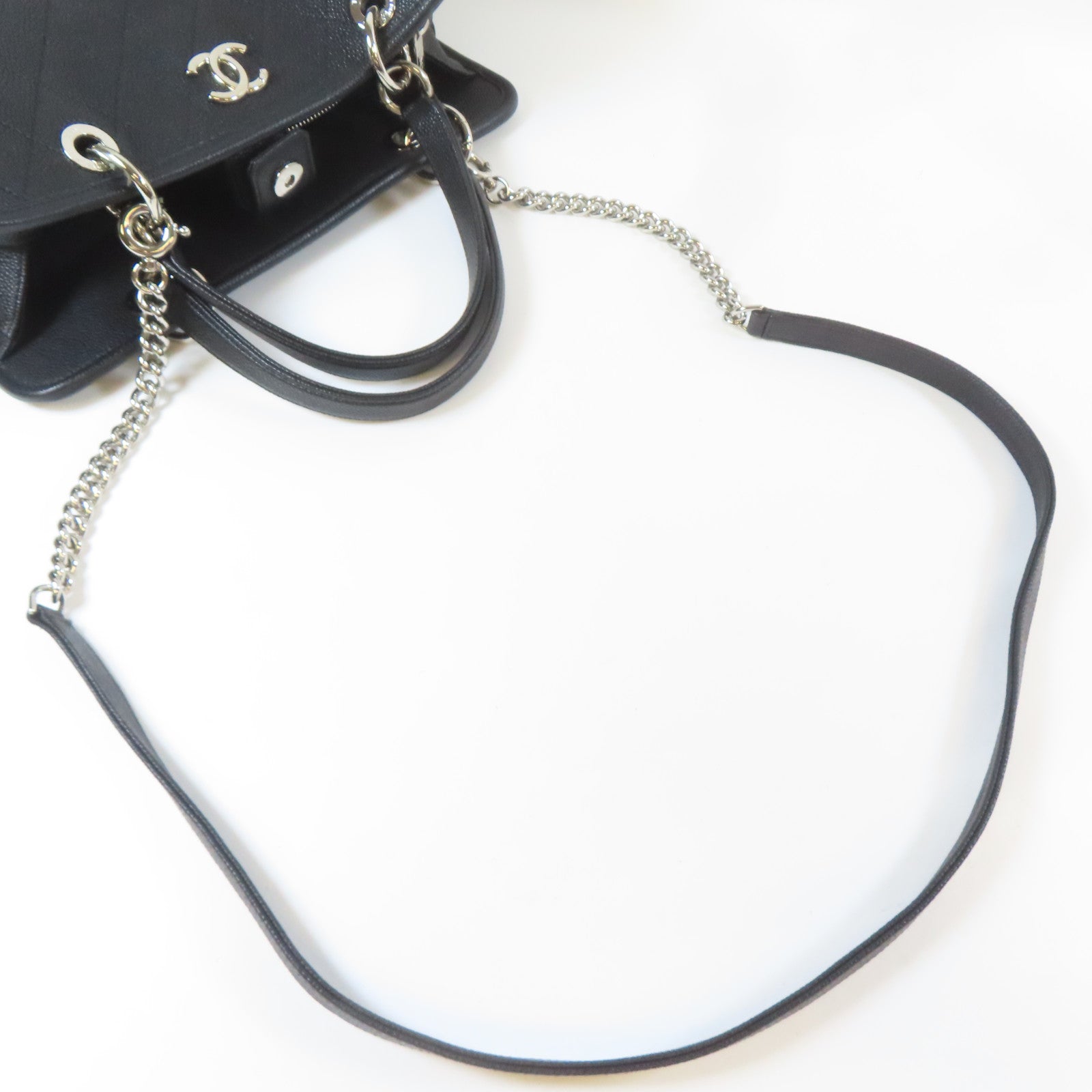 CHANEL 菱格Caviar皮革2 Way Chain Shoulder Bag銀扣手挽肩背兩用袋黑色