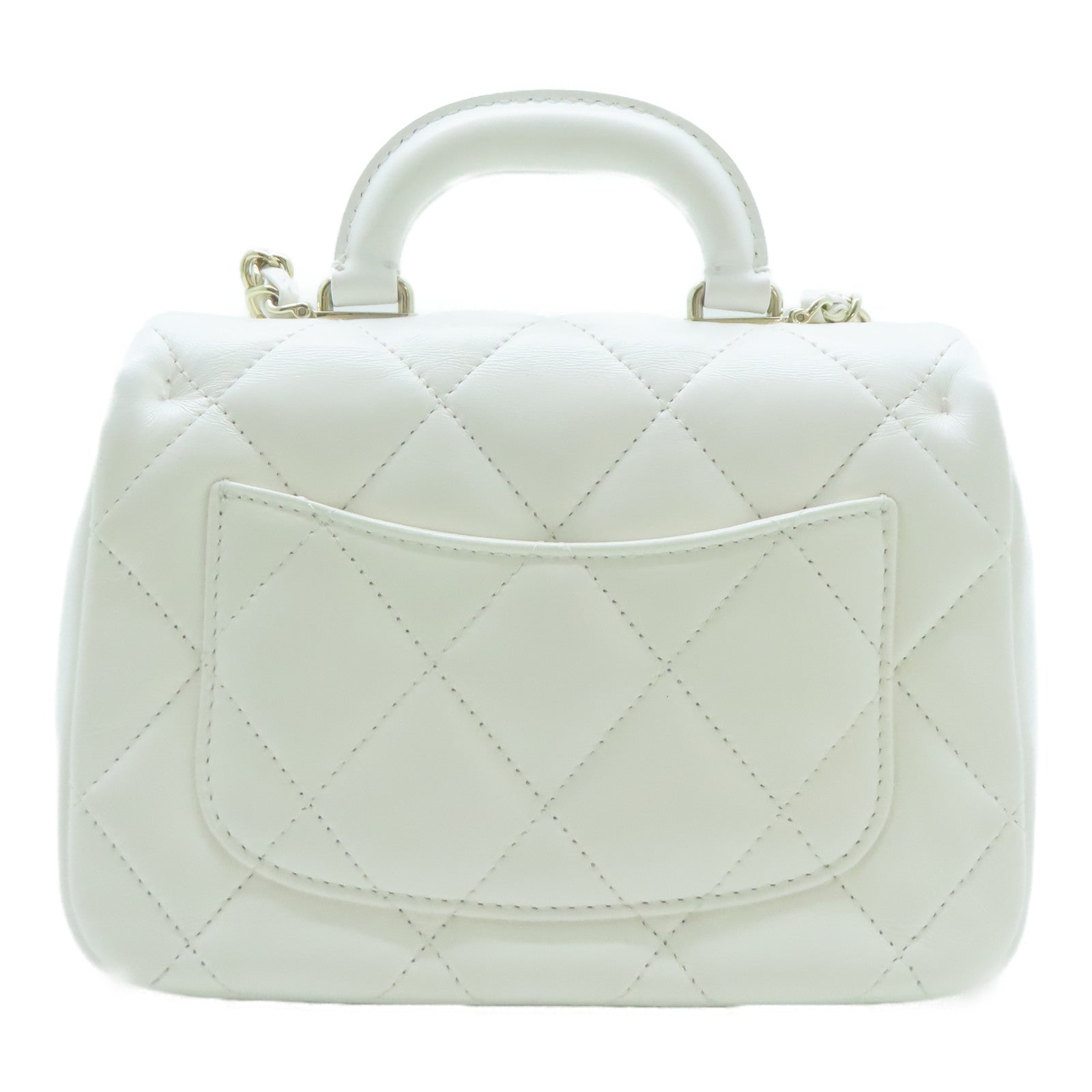 CHANEL 【激減優惠】菱格羊皮皮革Top Handle Mini Flap金扣鏈帶手挽肩背兩用袋白色