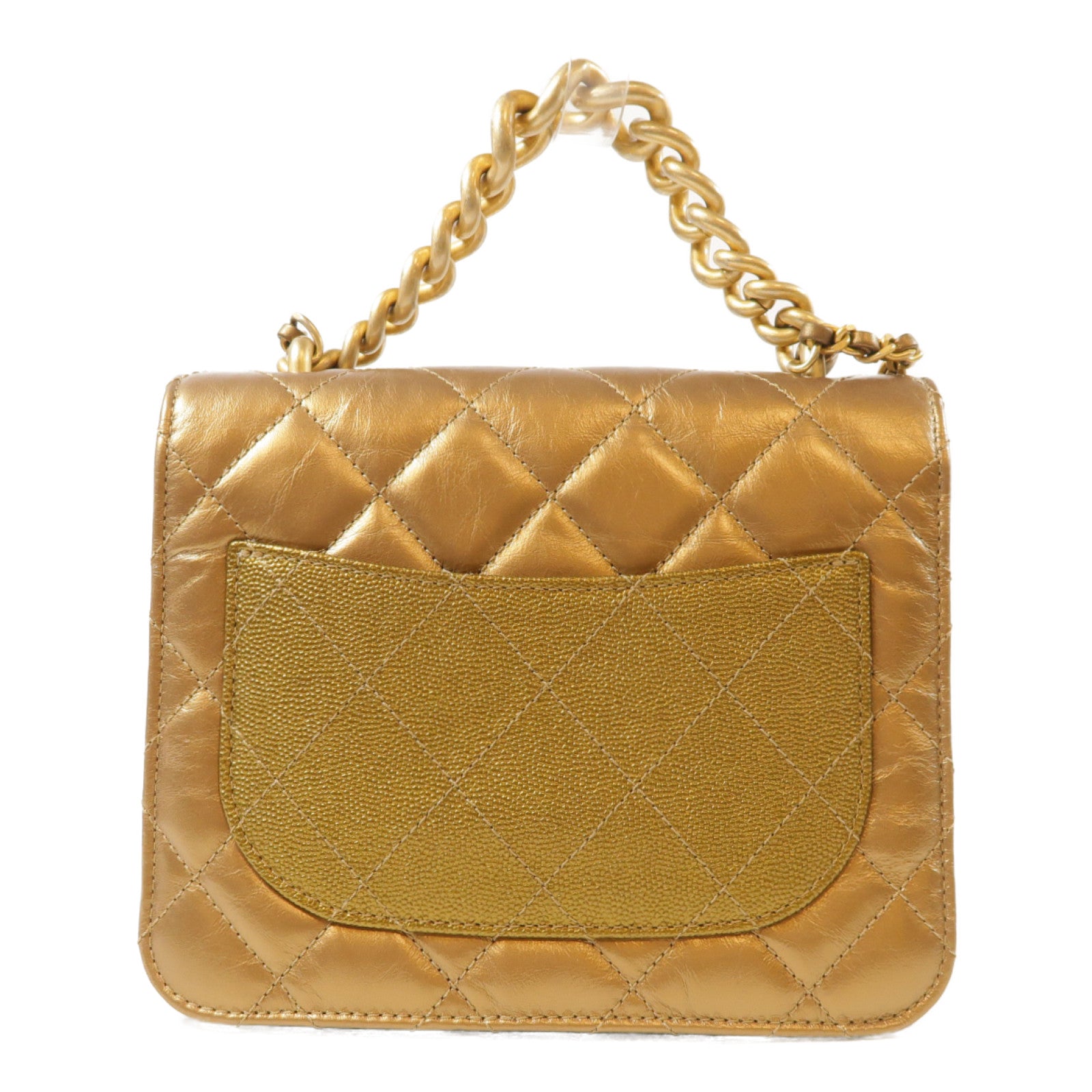 CHANEL 菱格牛皮皮革Chain Shoulder金扣鏈帶肩背袋金色