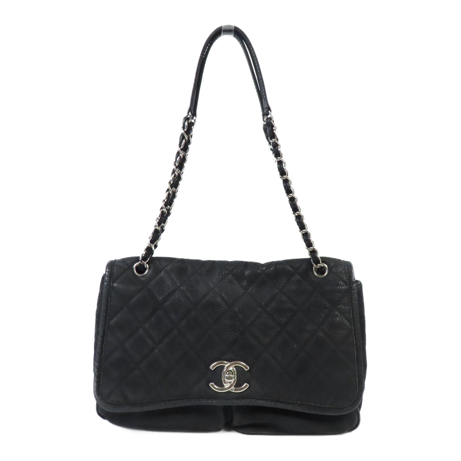 CHANEL 菱格牛皮皮革Chain Shoulder銀扣鏈帶肩背袋黑色