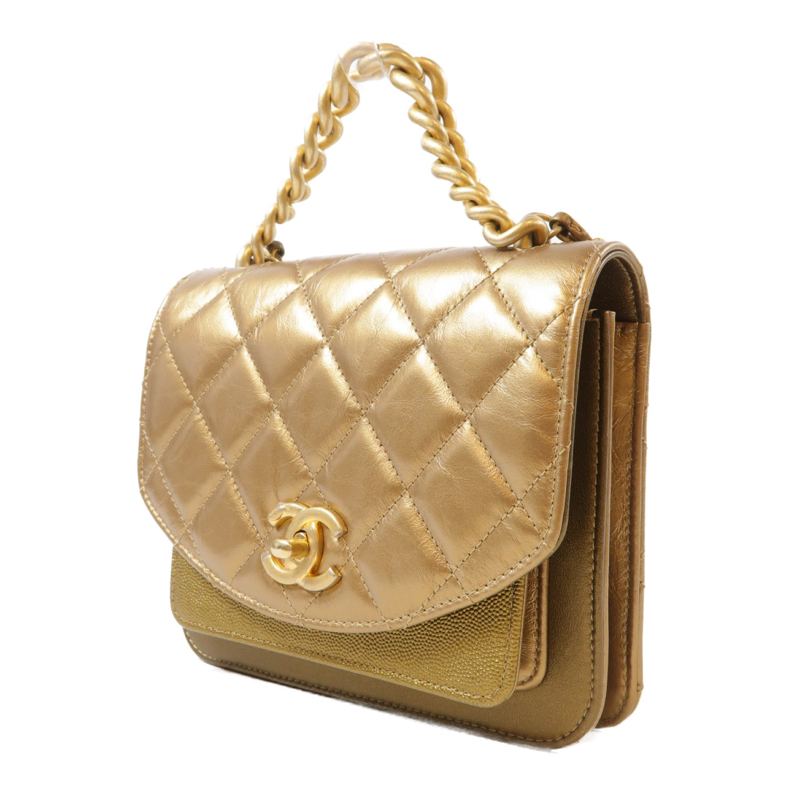 CHANEL 菱格牛皮皮革Chain Shoulder金扣鏈帶肩背袋金色