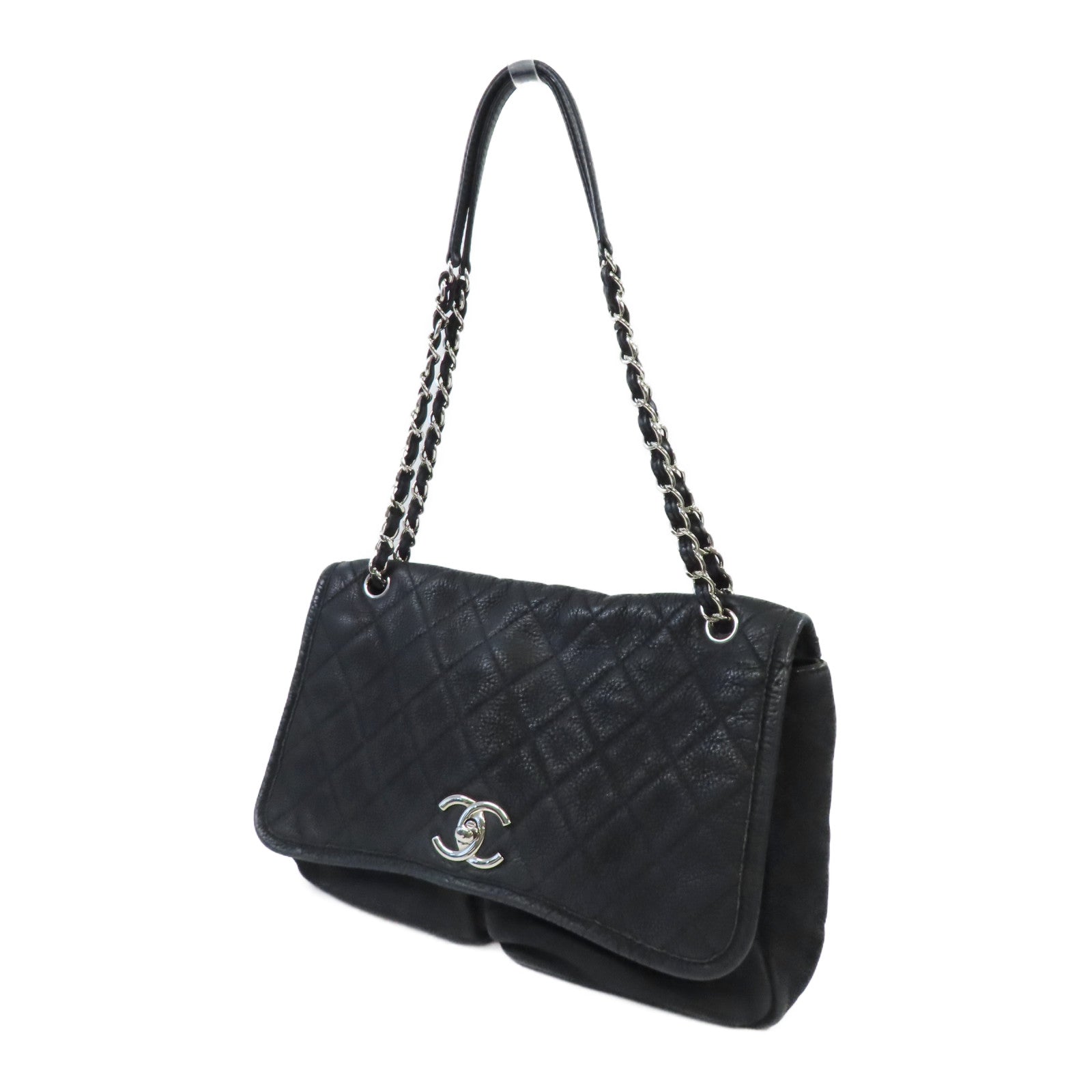 CHANEL 菱格牛皮皮革Chain Shoulder銀扣鏈帶肩背袋黑色