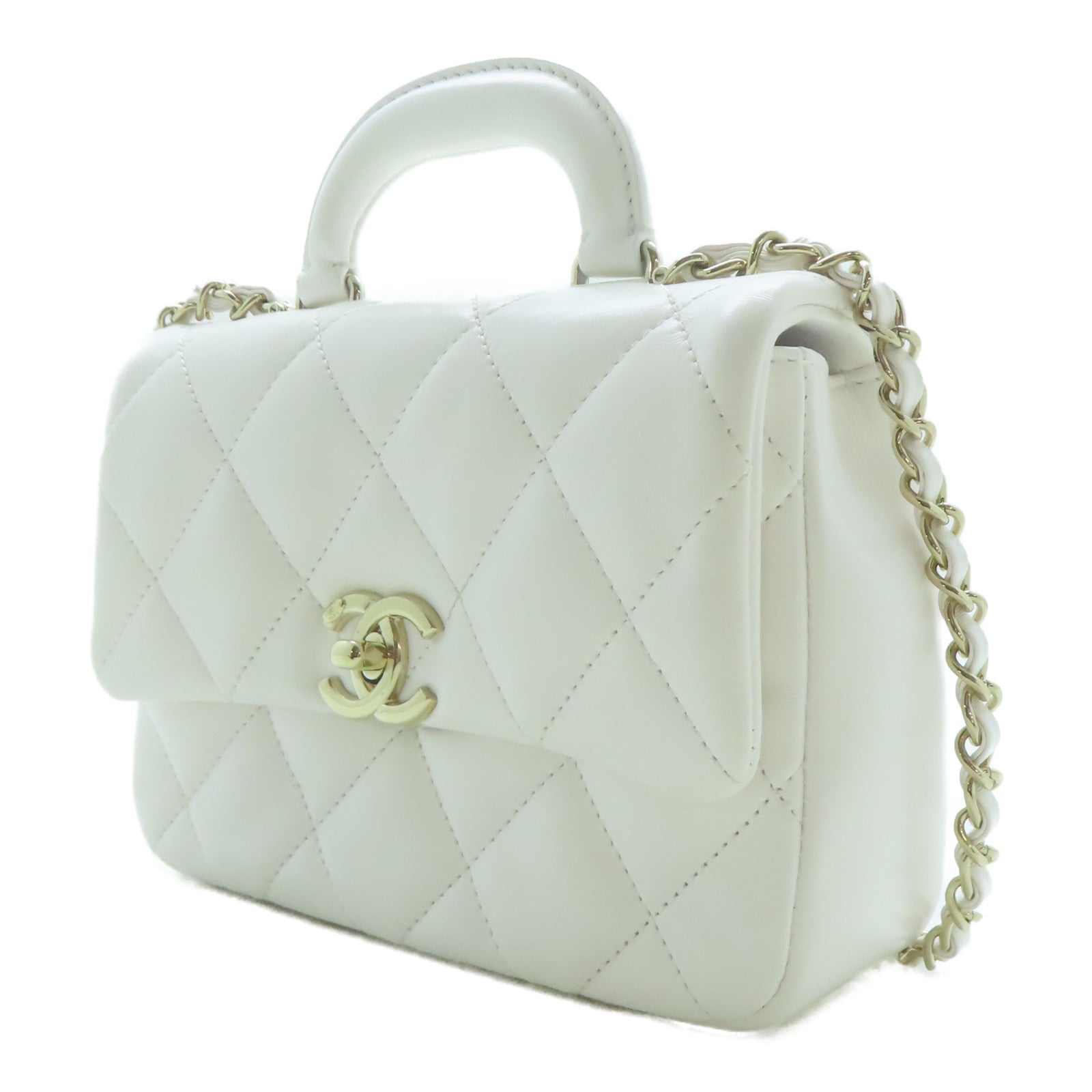 CHANEL 【激減優惠】菱格羊皮皮革Top Handle Mini Flap金扣鏈帶手挽肩背兩用袋白色