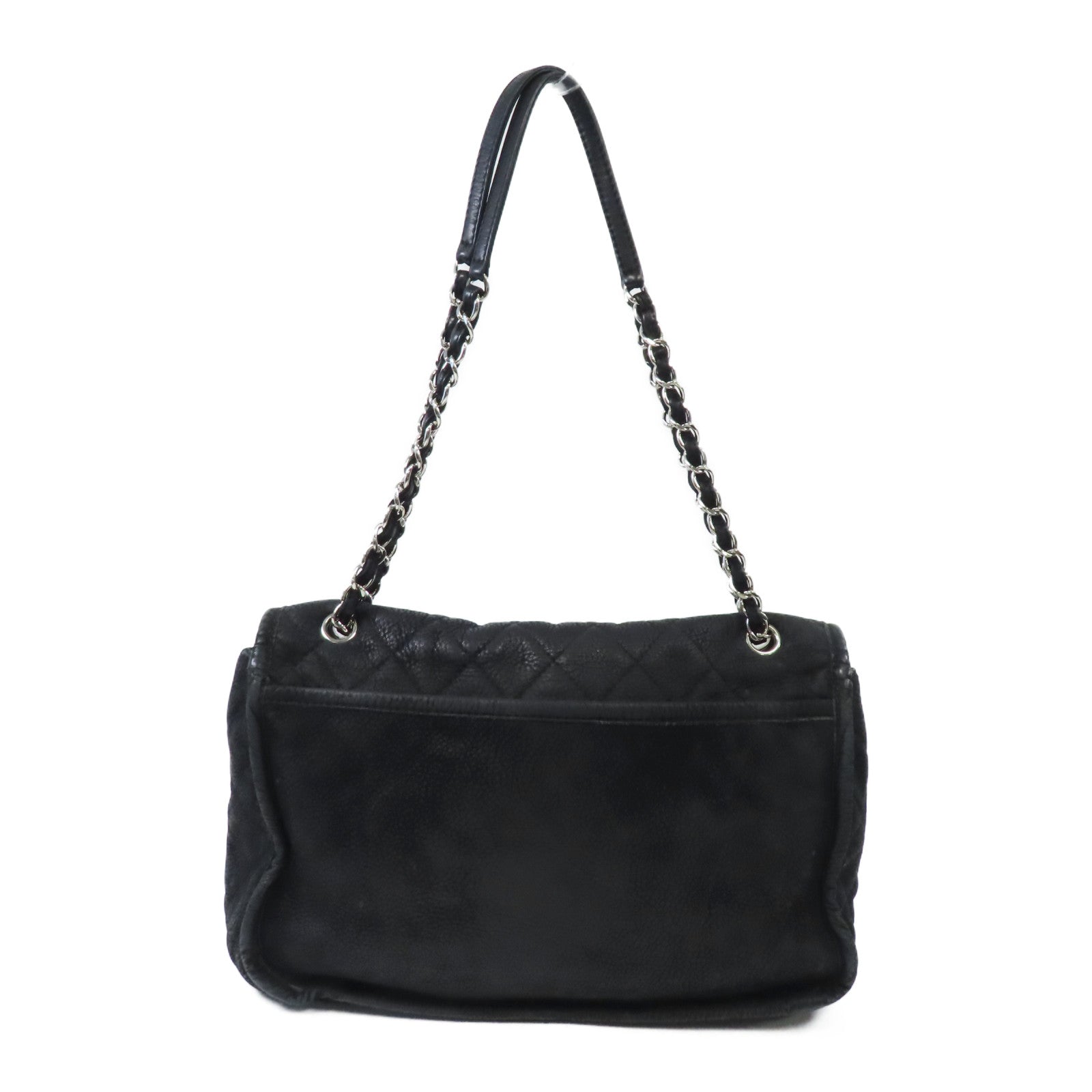 CHANEL 菱格牛皮皮革Chain Shoulder銀扣鏈帶肩背袋黑色