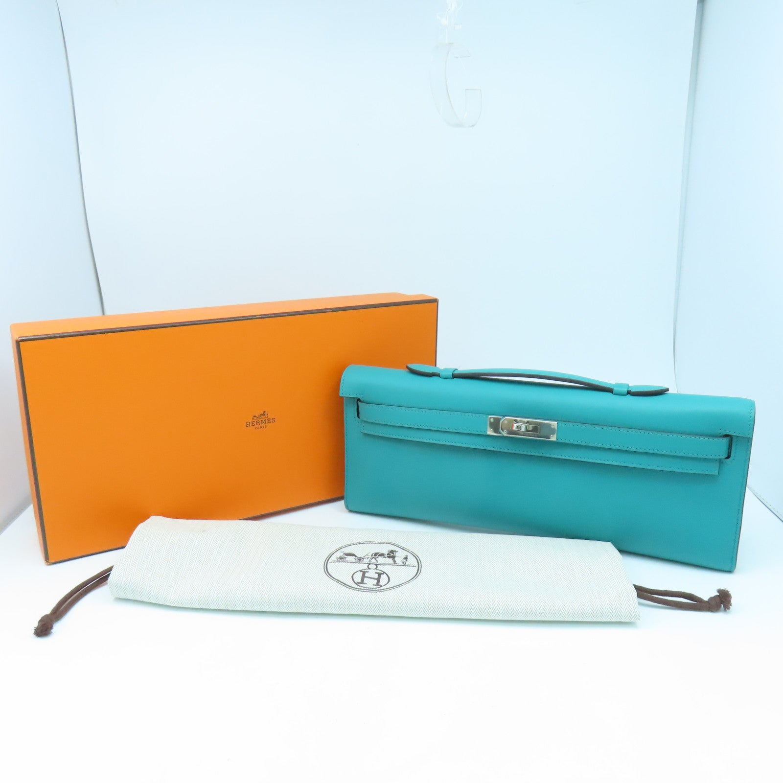 HERMES Swift皮革Kelly Cut銀扣手挽袋孔雀藍色