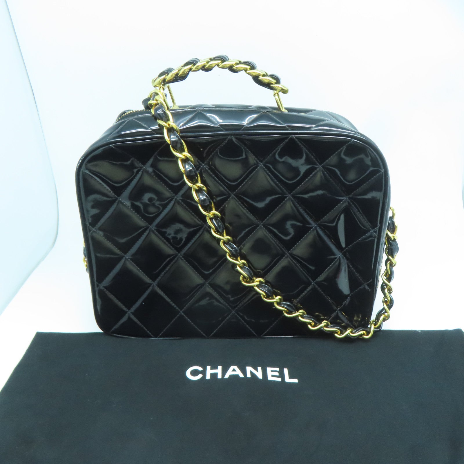 CHANEL 【激減優惠】菱格漆皮皮革Vintage Chain Shoulder金扣手挽肩背兩用袋黑色