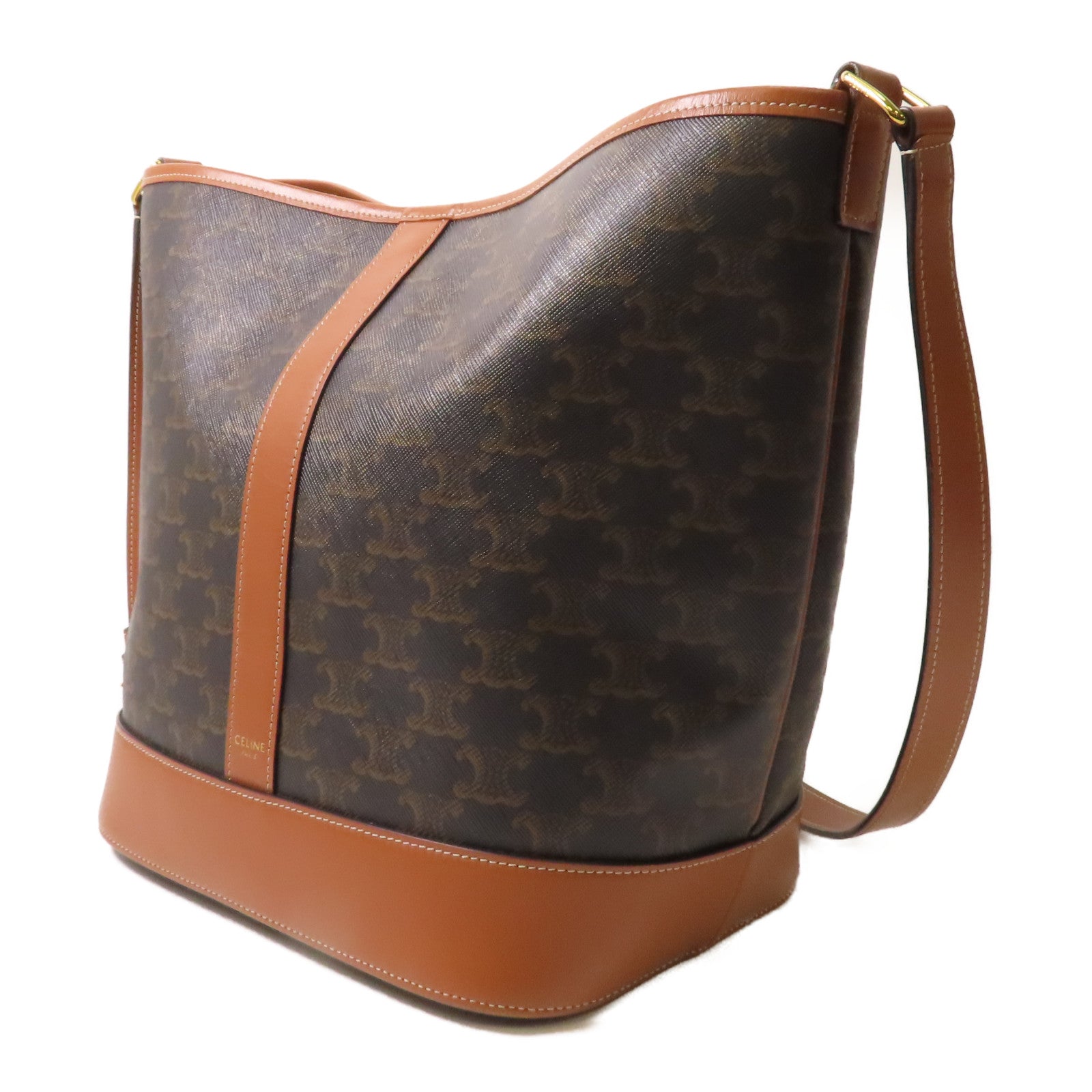 CELINE 塗層帆布Triomphe Bucket金扣肩背袋啡色