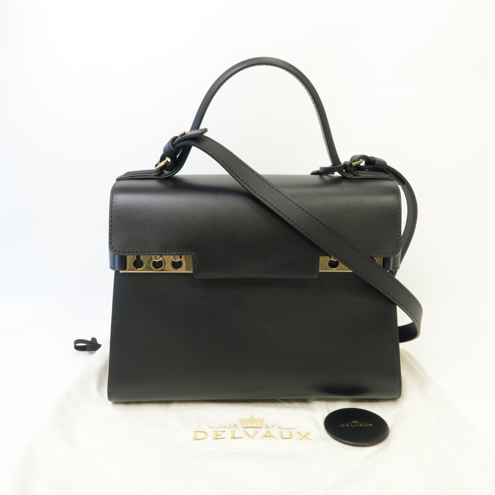 SELECTION 牛皮皮革Delvaux Tempete MM金扣手挽肩背兩用袋黑色