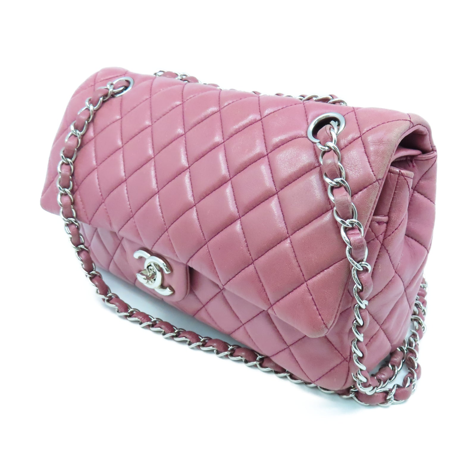 CHANEL 【激減優惠】菱格羊皮皮革Classic Flap 25cm銀扣鏈帶肩背袋粉紅色