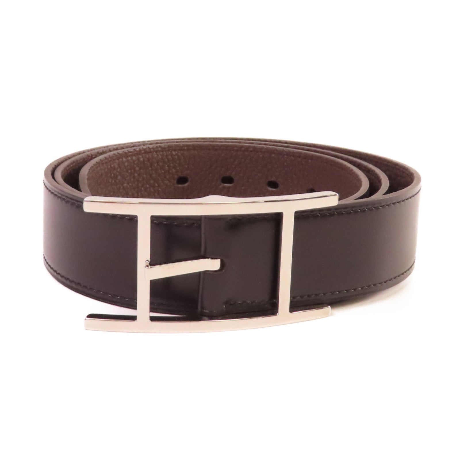 HERMES Swift皮革/Box Calf皮革Quentin Reversible Belt銀扣皮帶黑色/啡色