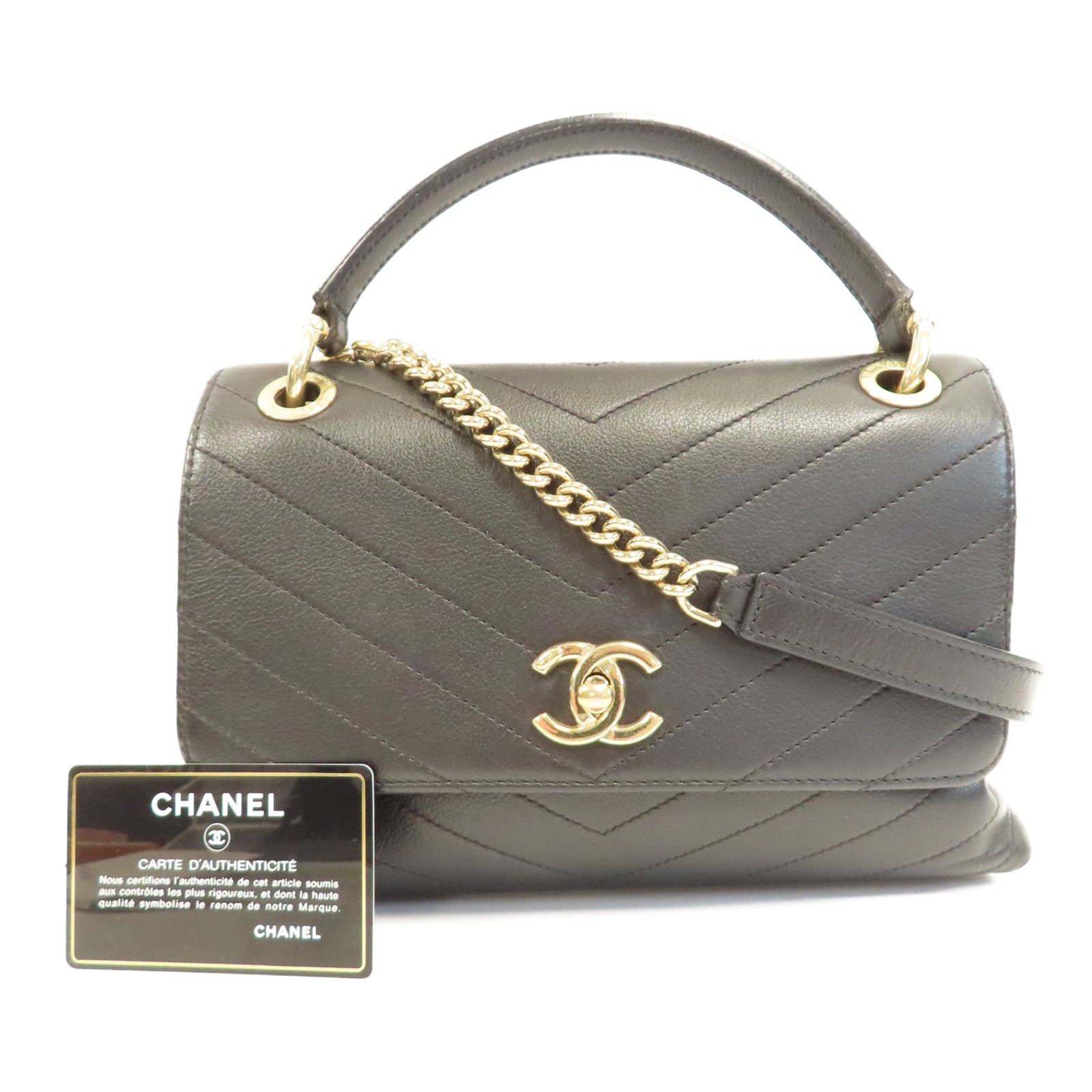 CHANEL 斜紋牛皮皮革Top Handle金扣手挽肩背兩用袋黑色