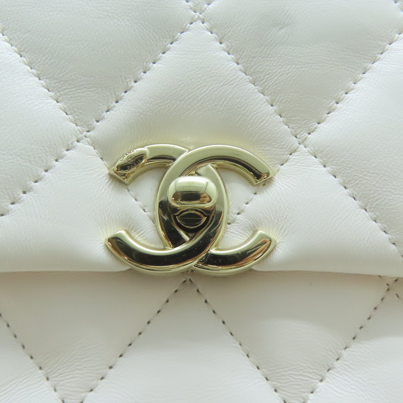 CHANEL 【激減優惠】菱格羊皮皮革Top Handle Mini Flap金扣鏈帶手挽肩背兩用袋白色