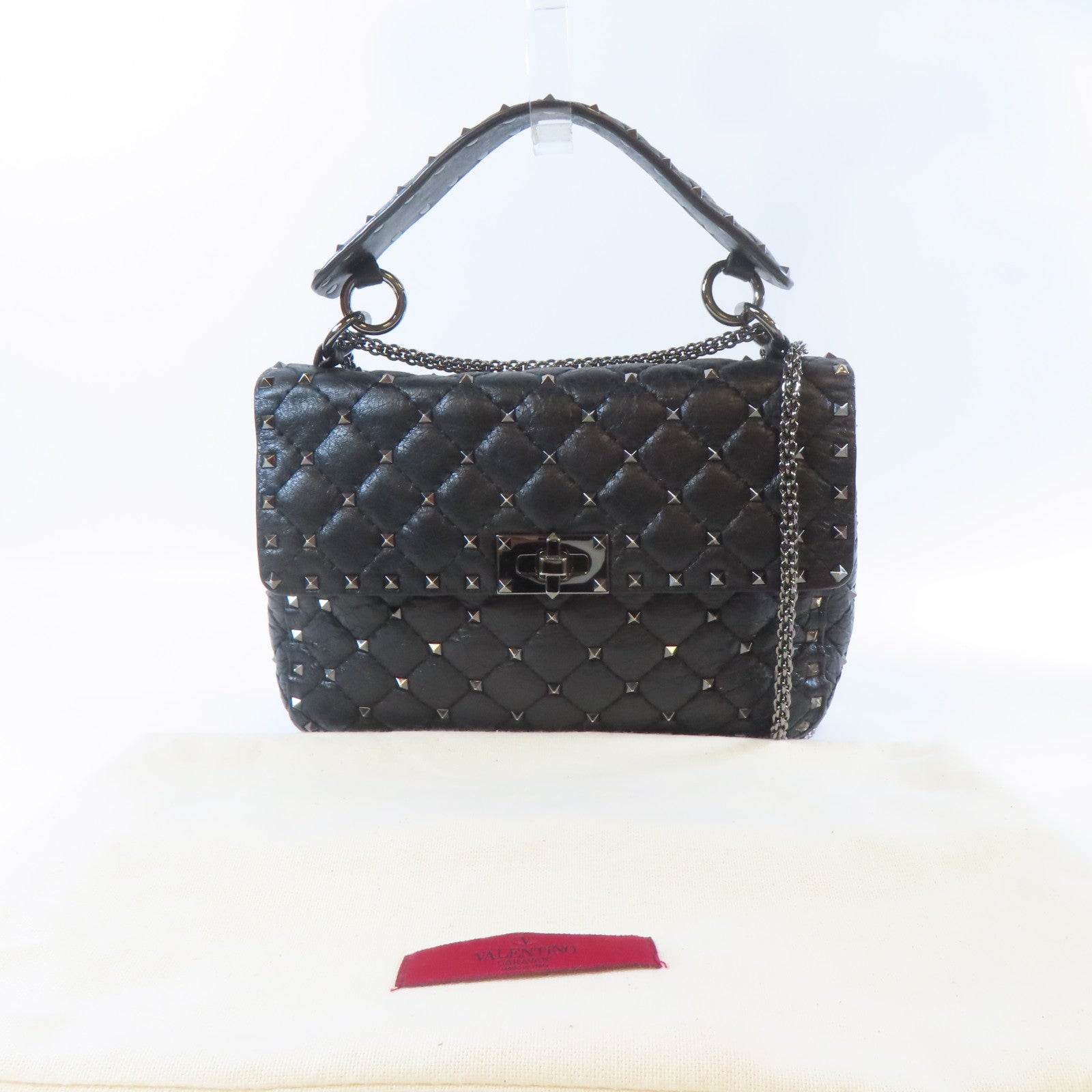 Valentino 牛皮皮革Chain Shoulder黑扣手挽肩背兩用袋黑色