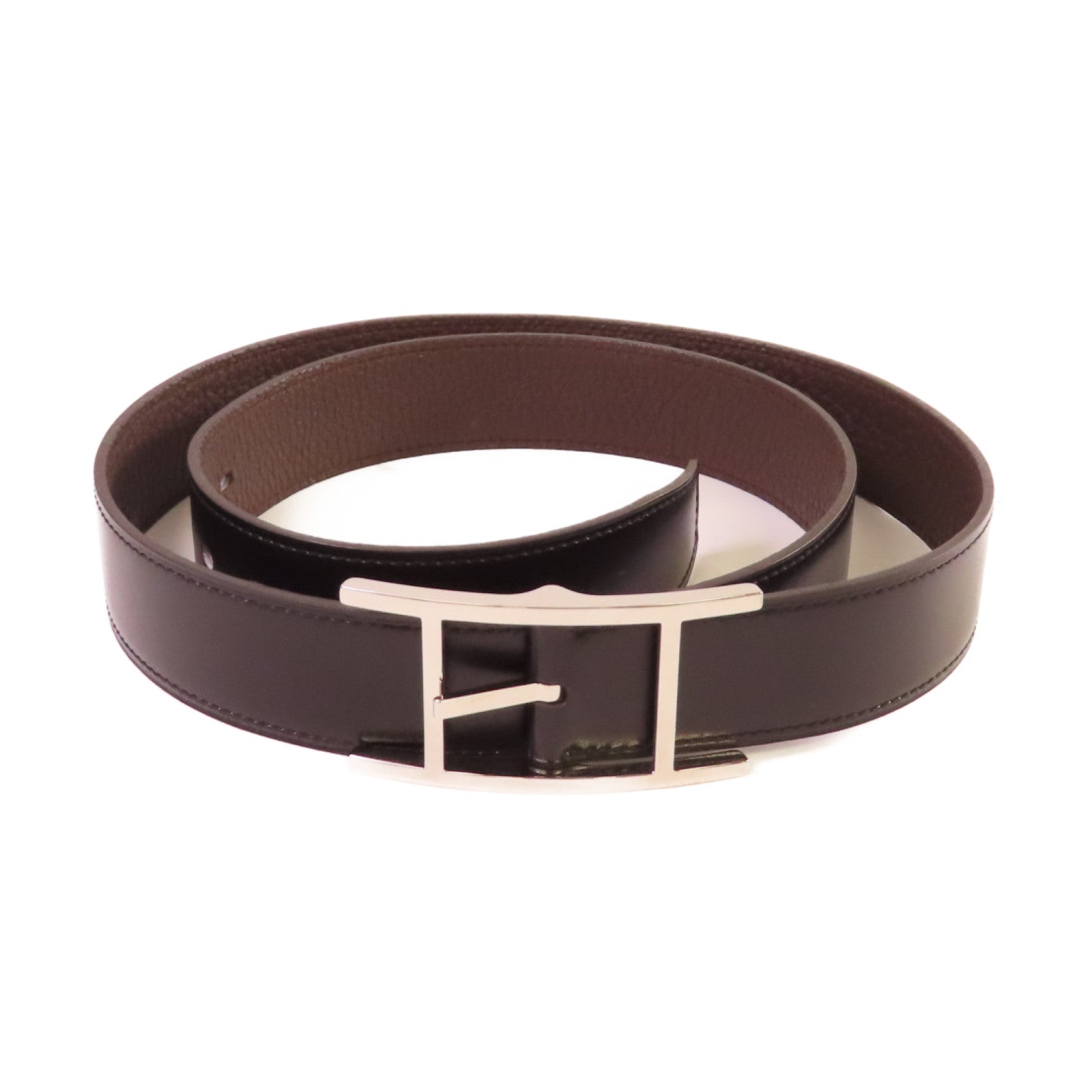 HERMES Swift皮革/Box Calf皮革Quentin Reversible Belt銀扣皮帶黑色/啡色