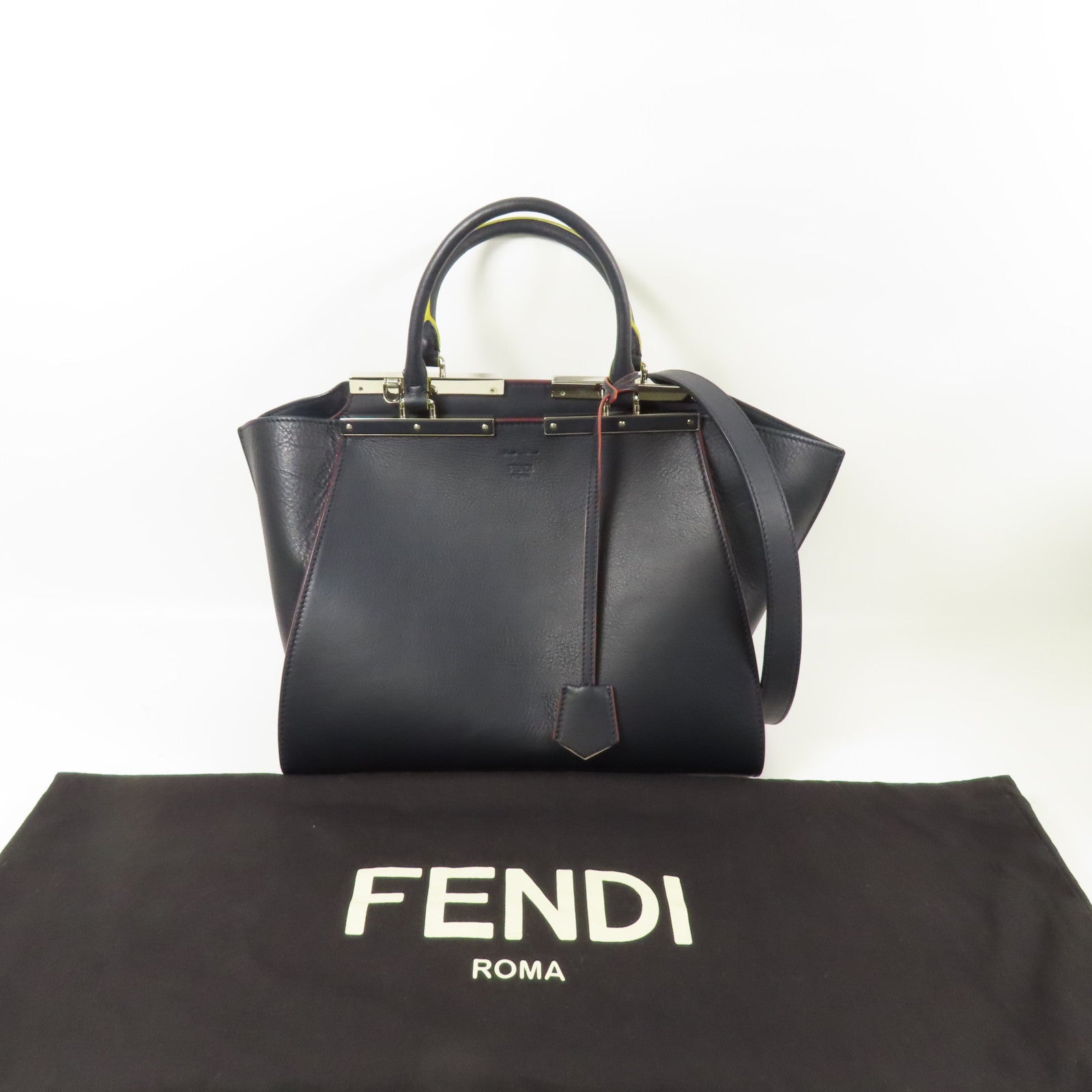 FENDI SHW 2 Way Shoulder Hand Bag Calfskin Leather Navy