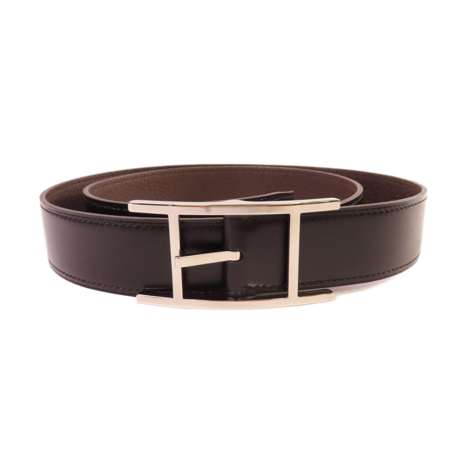HERMES Swift皮革/Box Calf皮革Quentin Reversible Belt銀扣皮帶黑色/啡色