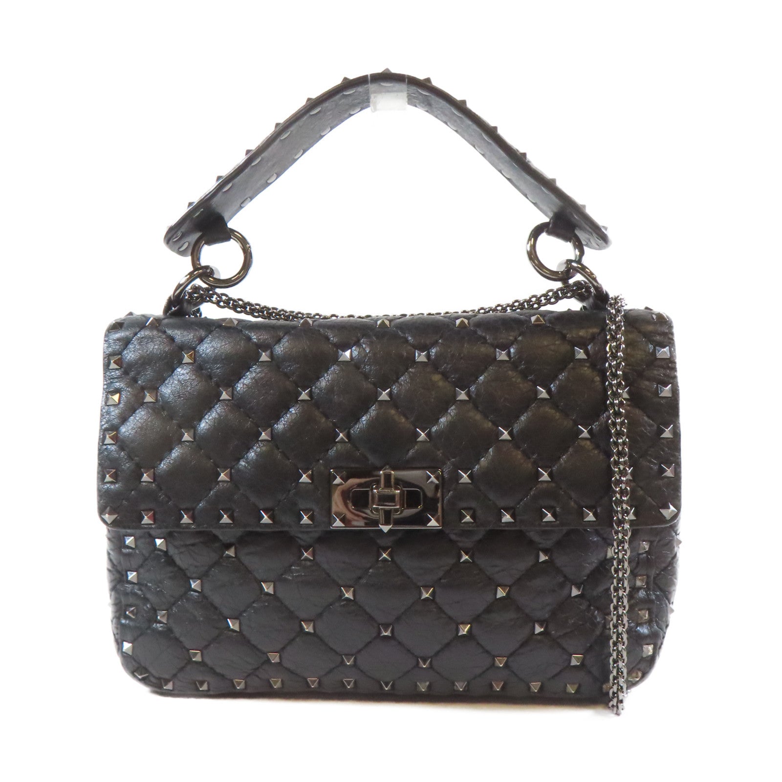 Valentino 牛皮皮革Chain Shoulder黑扣手挽肩背兩用袋黑色
