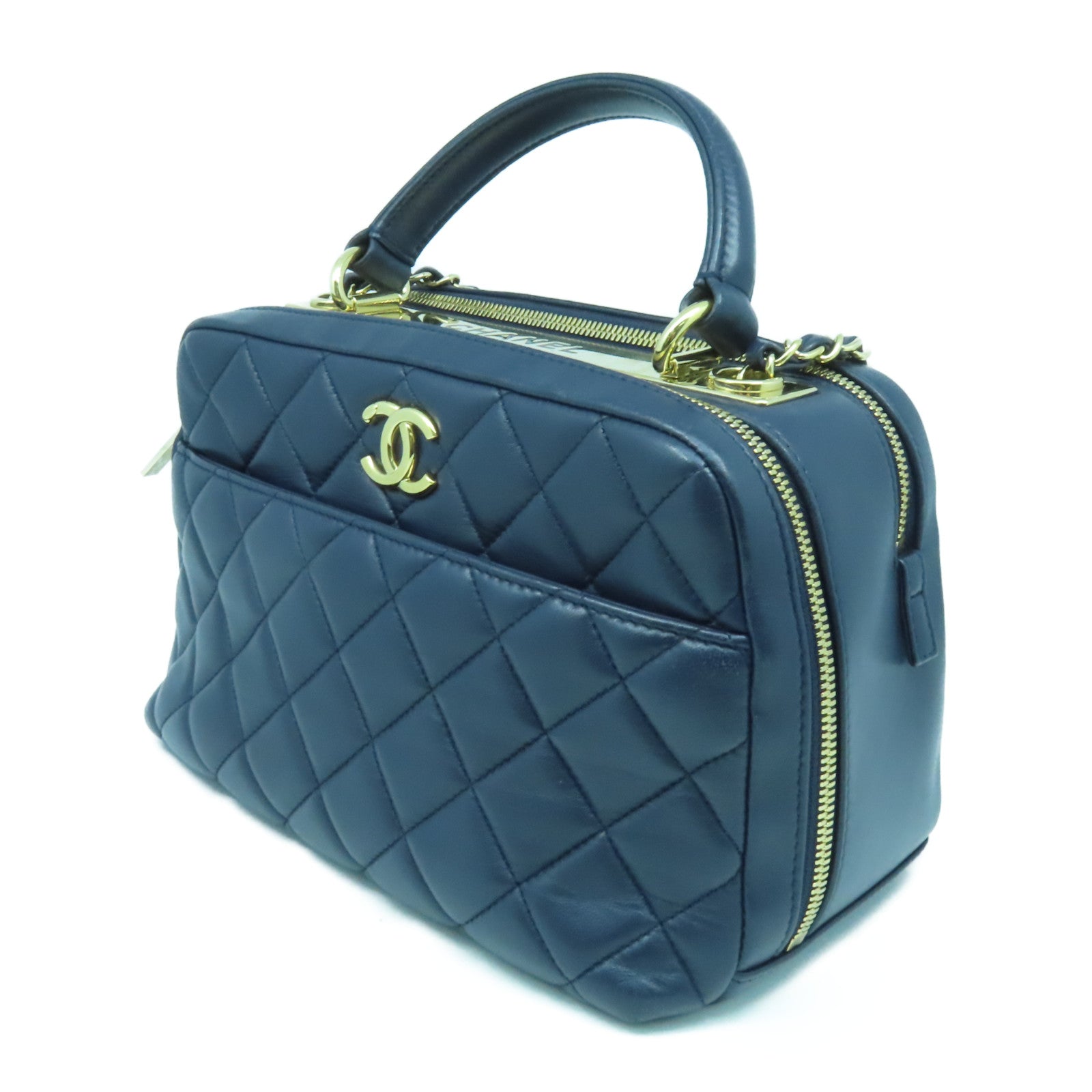 CHANEL 【激減優惠】菱格羊皮皮革Trendy Bowling Bag金扣手挽肩背兩用袋深藍色