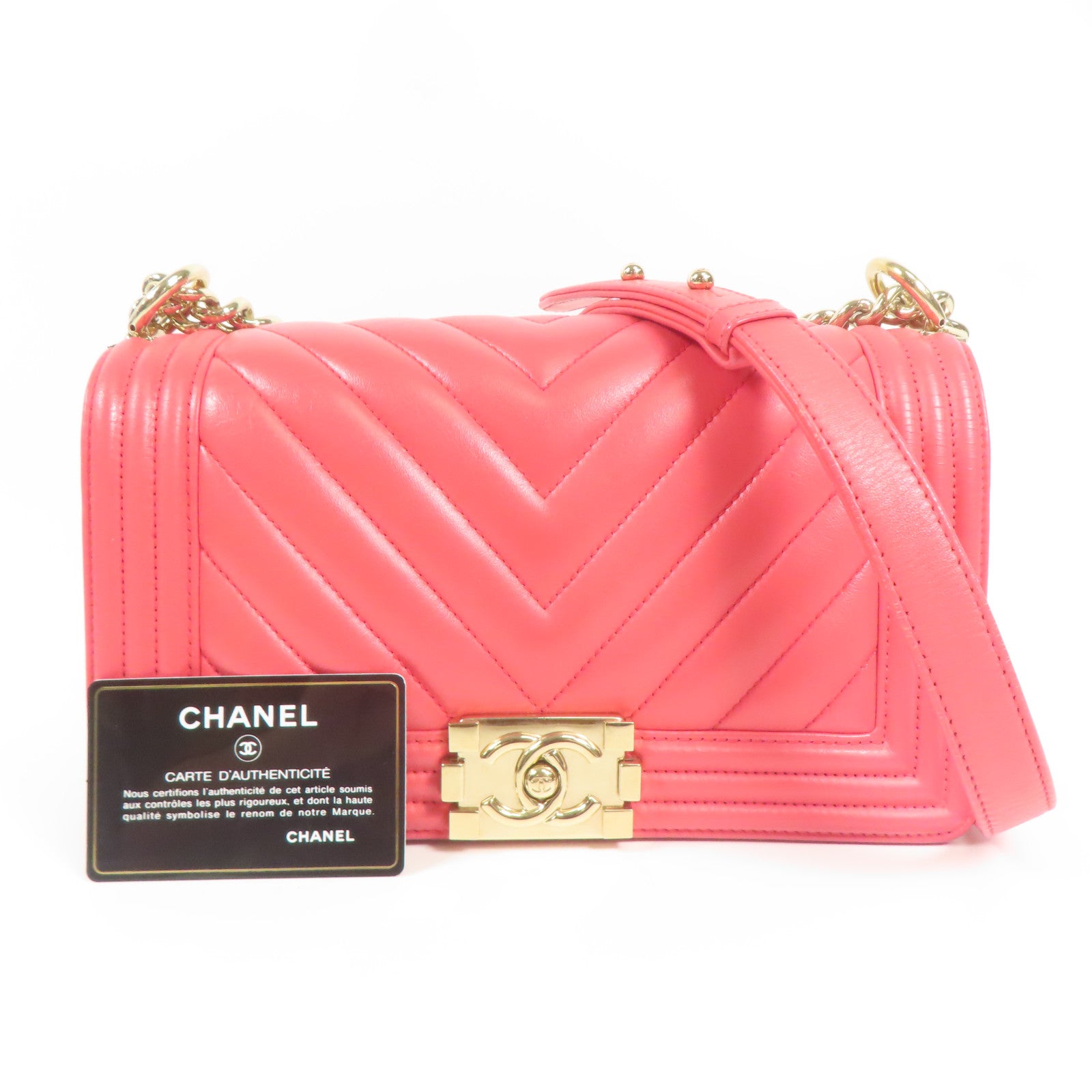 CHANEL 牛皮皮革Boy 25金扣鏈帶肩背袋