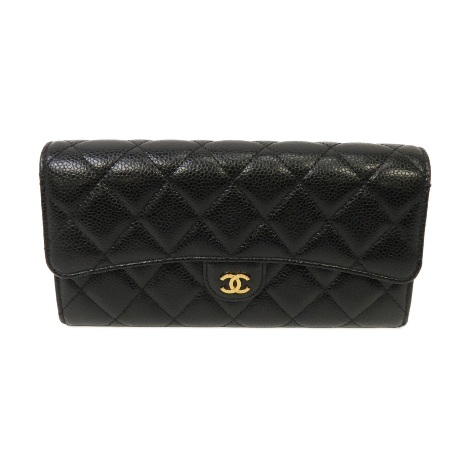 CHANEL 菱格Caviar皮革Long Wallet金扣長錢包黑色