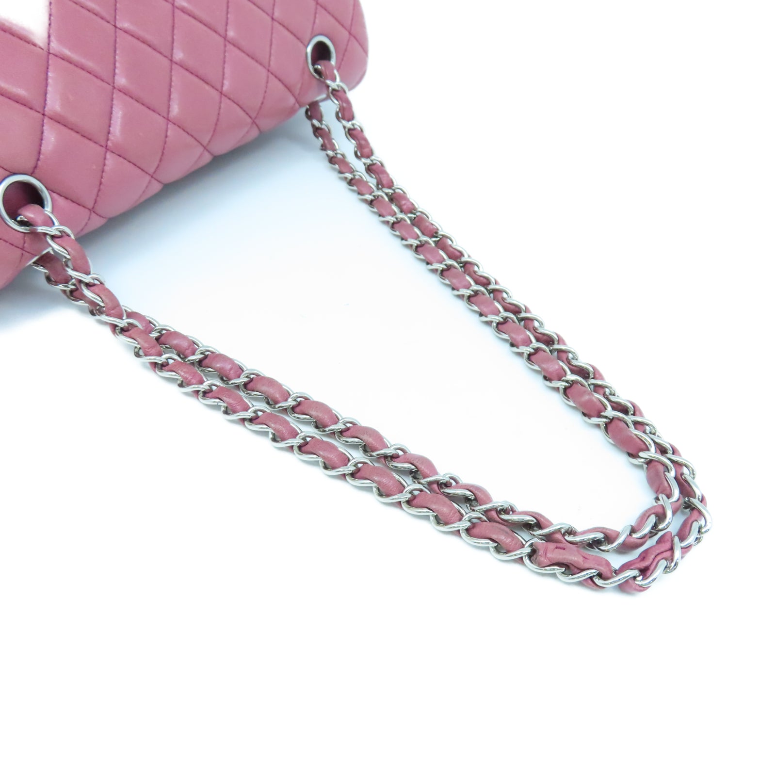 CHANEL 【激減優惠】菱格羊皮皮革Classic Flap 25cm銀扣鏈帶肩背袋粉紅色